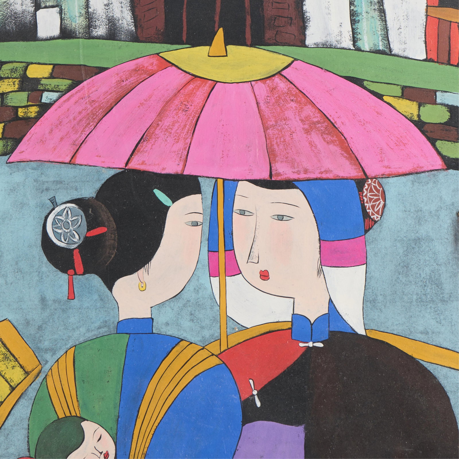Hu Yongkai "Two Women" Gouache on Paper 2002: Hu Yongkai (Chinese, b. 1945). Gouache on paper depicting two women under an umbrella, 2002. Signed and dated along the lower right. Height: 23 3/4 in x width: 20 in.