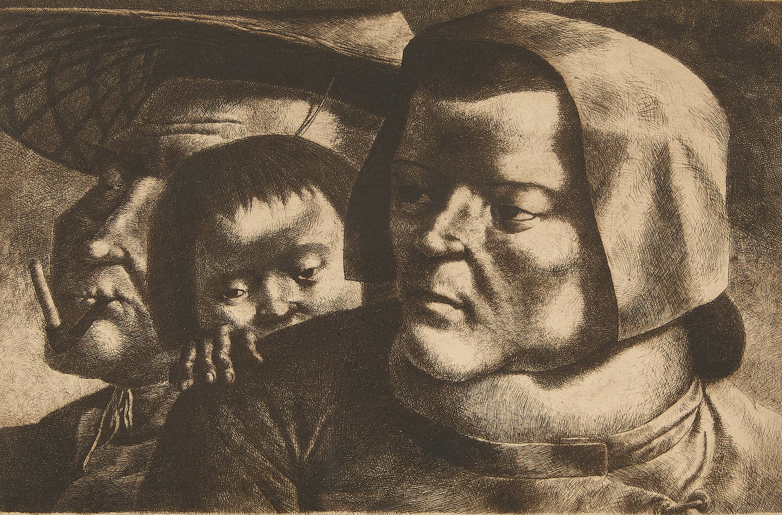 Frederico Castellon "Chinese Family" 1947 Etching: Etching on paper titled "Chinese Family," 1947. Pencil signed lower right. Published by the Associated American Artists. Height: 12 1/2 in x width: 16 in x depth: 1 in.