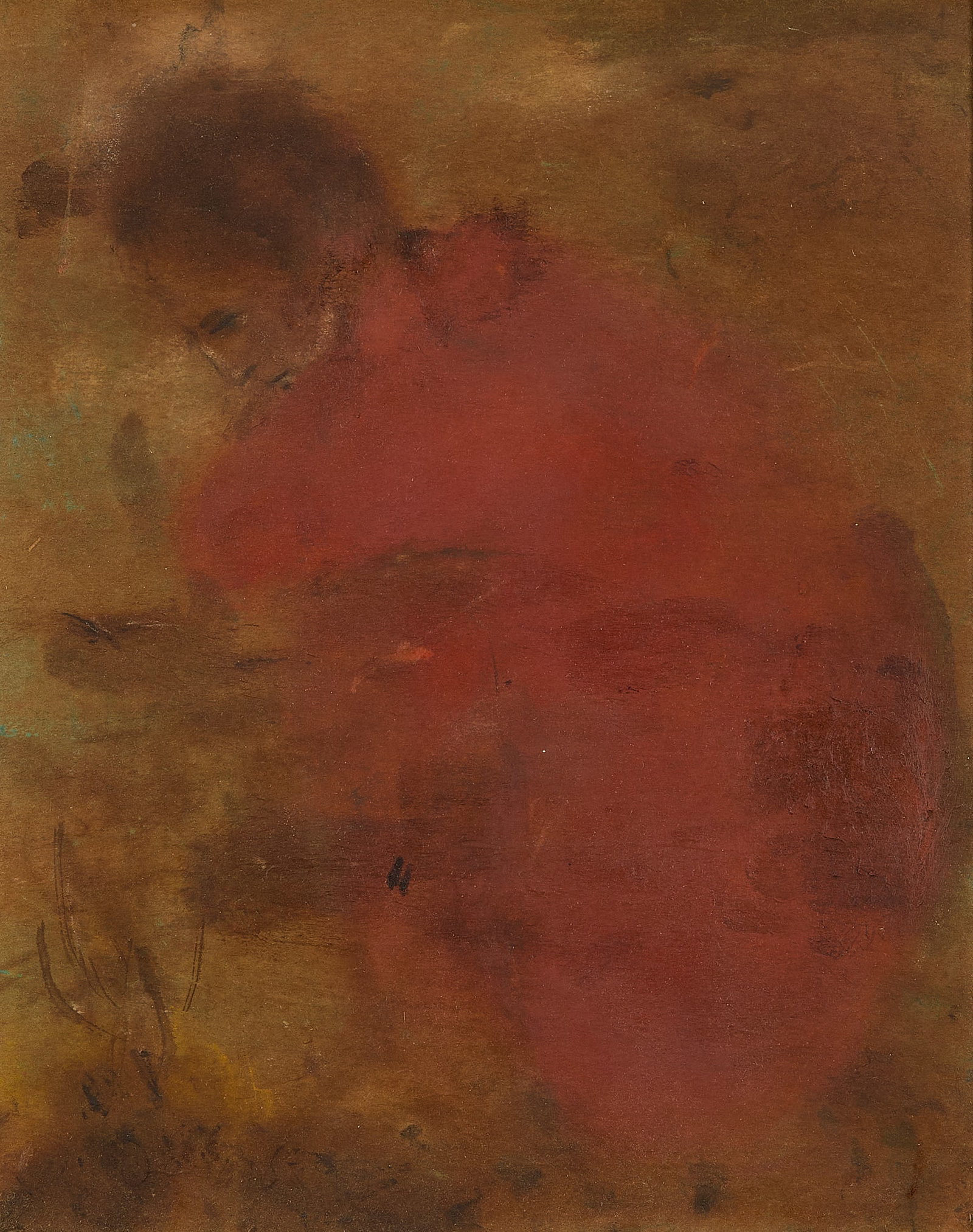 Unsigned Oil Painting of Figure: Unsigned oil on panel painting depicting an abstract figure in red. Height: 25 1/4 in x width: 21 1/4 in x depth: 1 in.