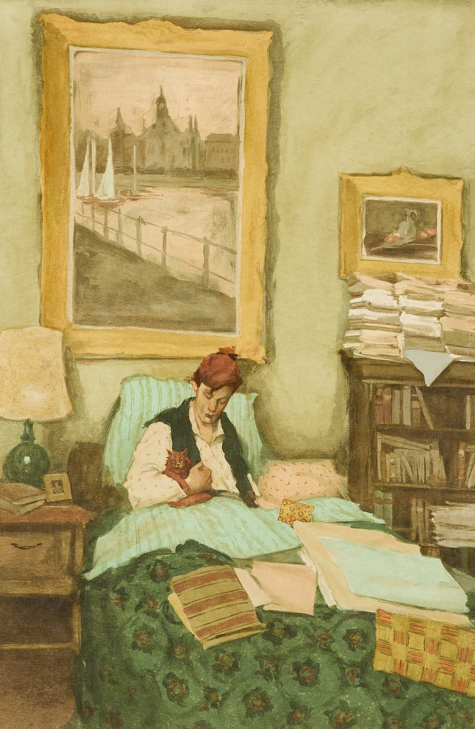 Malcolm T. Liepke "Sunday Afternoon" Print: Malcolm T. Liepke (American, b. 1953). Print titled "Sunday Afternoon" depicting a lounging figure and cat in bed. Pencil signed along the lower right; editioned 87/90 along the lower left. Height: 46