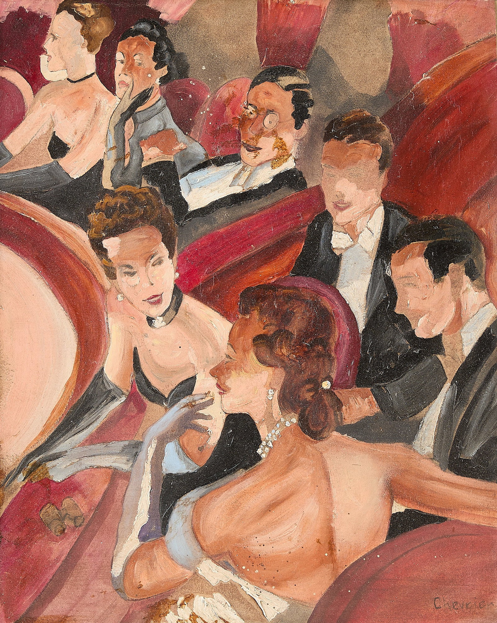 Signed French School Oil & Watercolor Painting: Watercolor on paper painting with oil embellishments depicting a lively social gathering. signed "Chevrier" along the lower right. Height: 24 1/2 in x width: 21 1/4 in x depth: 2 1/2 in.