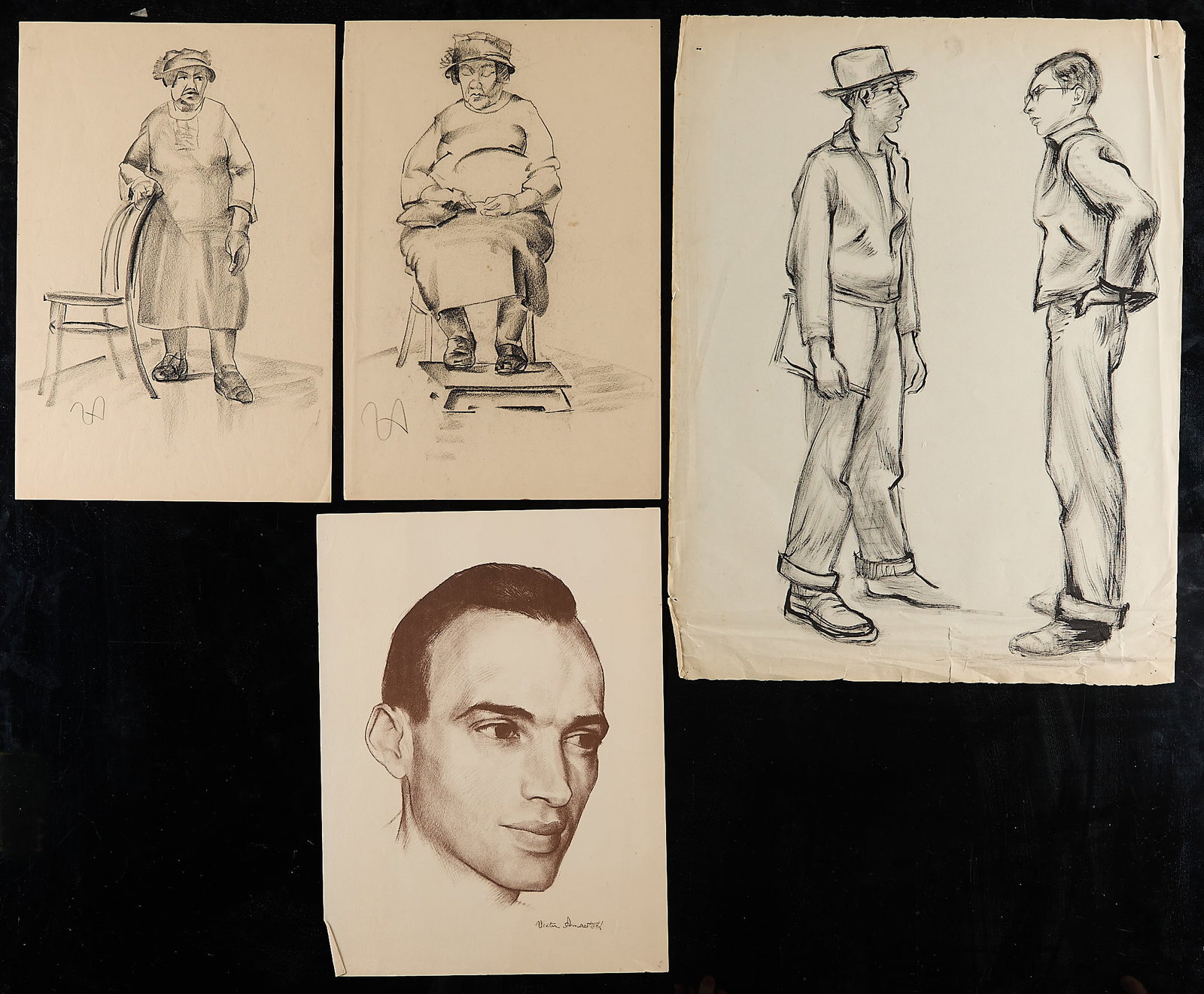 3 Victor Arnautoff Figurative Drawings & 1 Print: Victor Arnautoff (Russian/American, 1896-1979). Group of four artworks. Including one portrait print of a young man, signed in plate along the lower right, two drawings of an older woman, possibly com