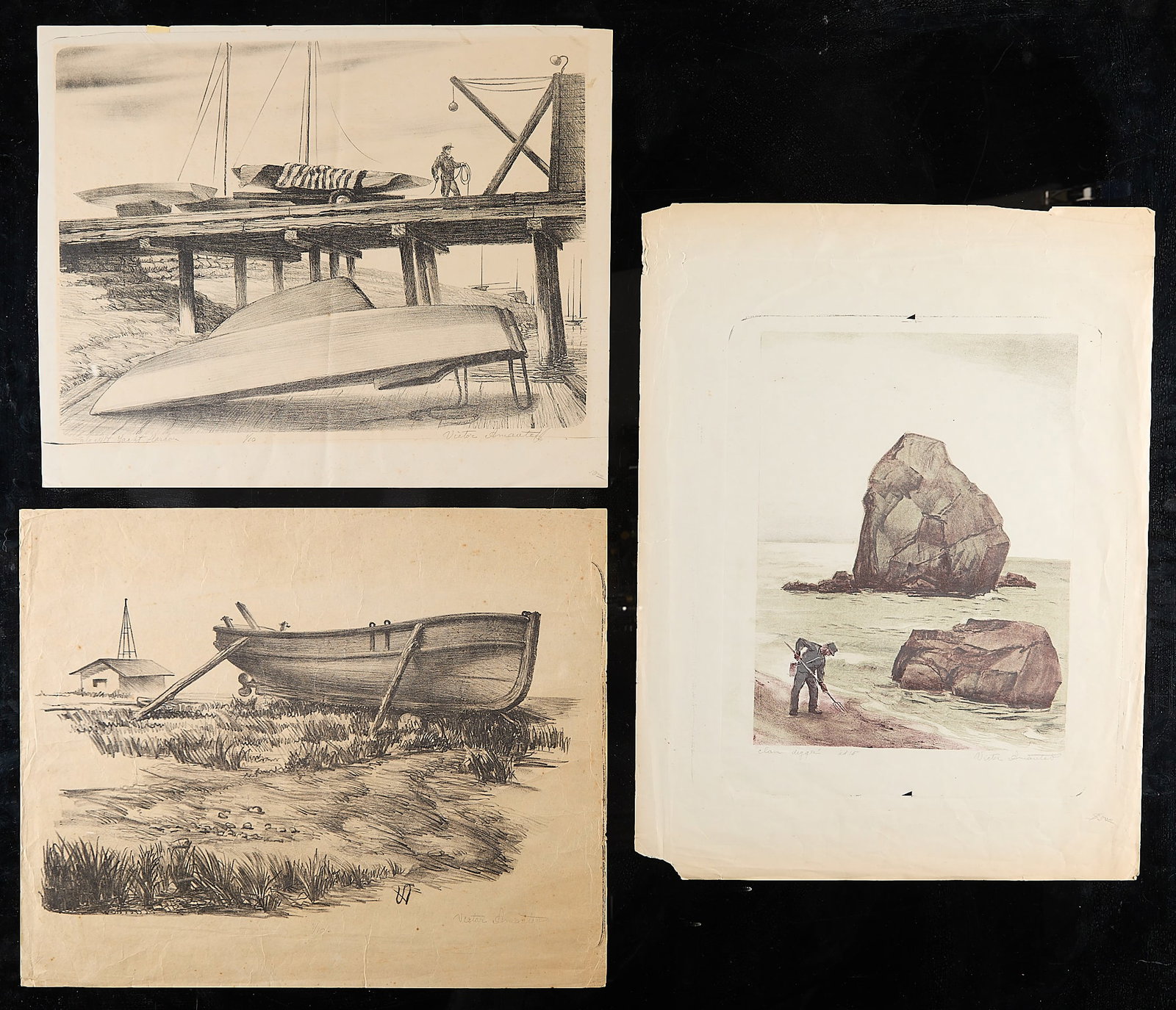 3 Victor Arnautoff Landscape Prints: Victor Arnautoff (Russian/American, 1896-1979). Group of three landscape prints. Including one print titled "Clam Digger," one print titled "Palo Alt Yacht Harbor," and one print depicting a wooden bo