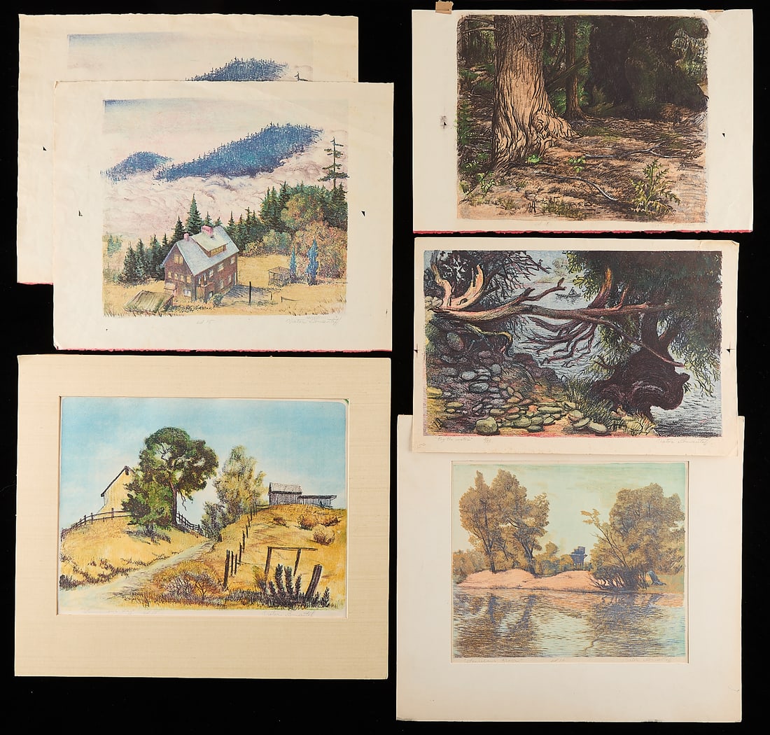 6 Victor Arnautoff Landscape Prints: Victor Arnautoff (Russian/American, 1896-1979). Group of six landscape prints. Including one titled "Stanislaus River," one titled "Lone Oak," one titled "By the Water," one titled "Luminous Day," one