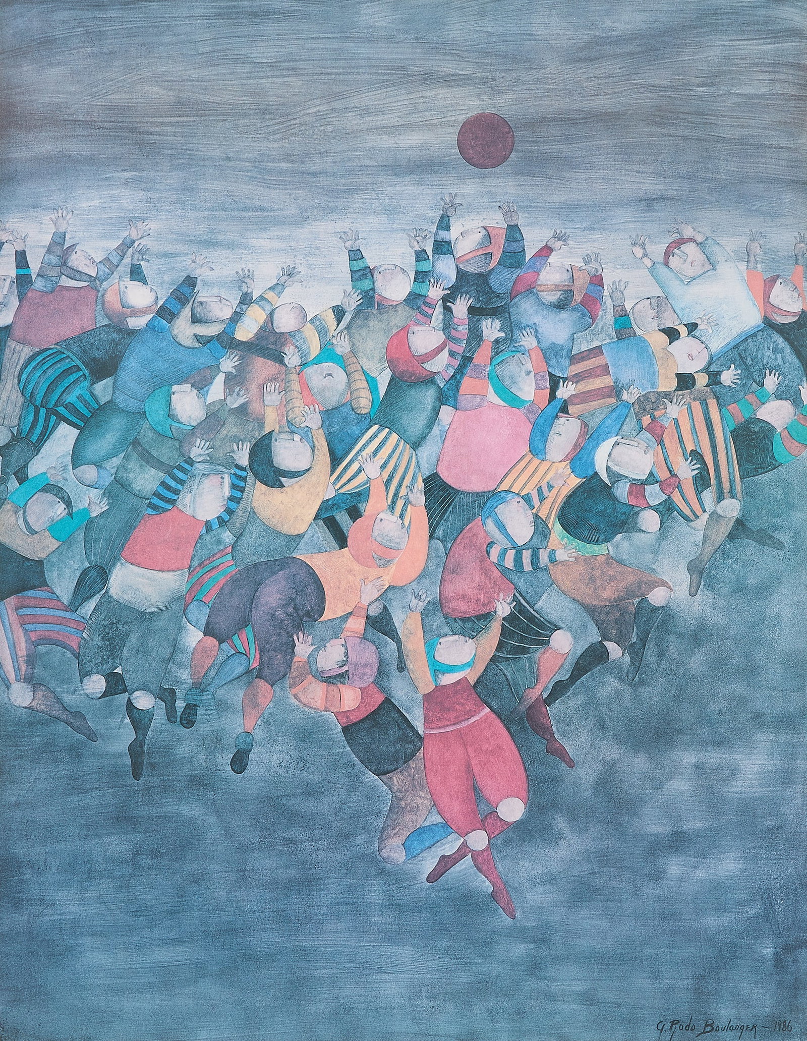Graciela Rodo Boulanger "Un Seul Ballon" Print: Graciela Rodo Boulanger (Bolivian, b. 1935). Print titled "Un Seul Ballon," 1986. Depicting a group of children playing with a round ball. Plate signed and dated along the lower right. Height: 36 1/4 