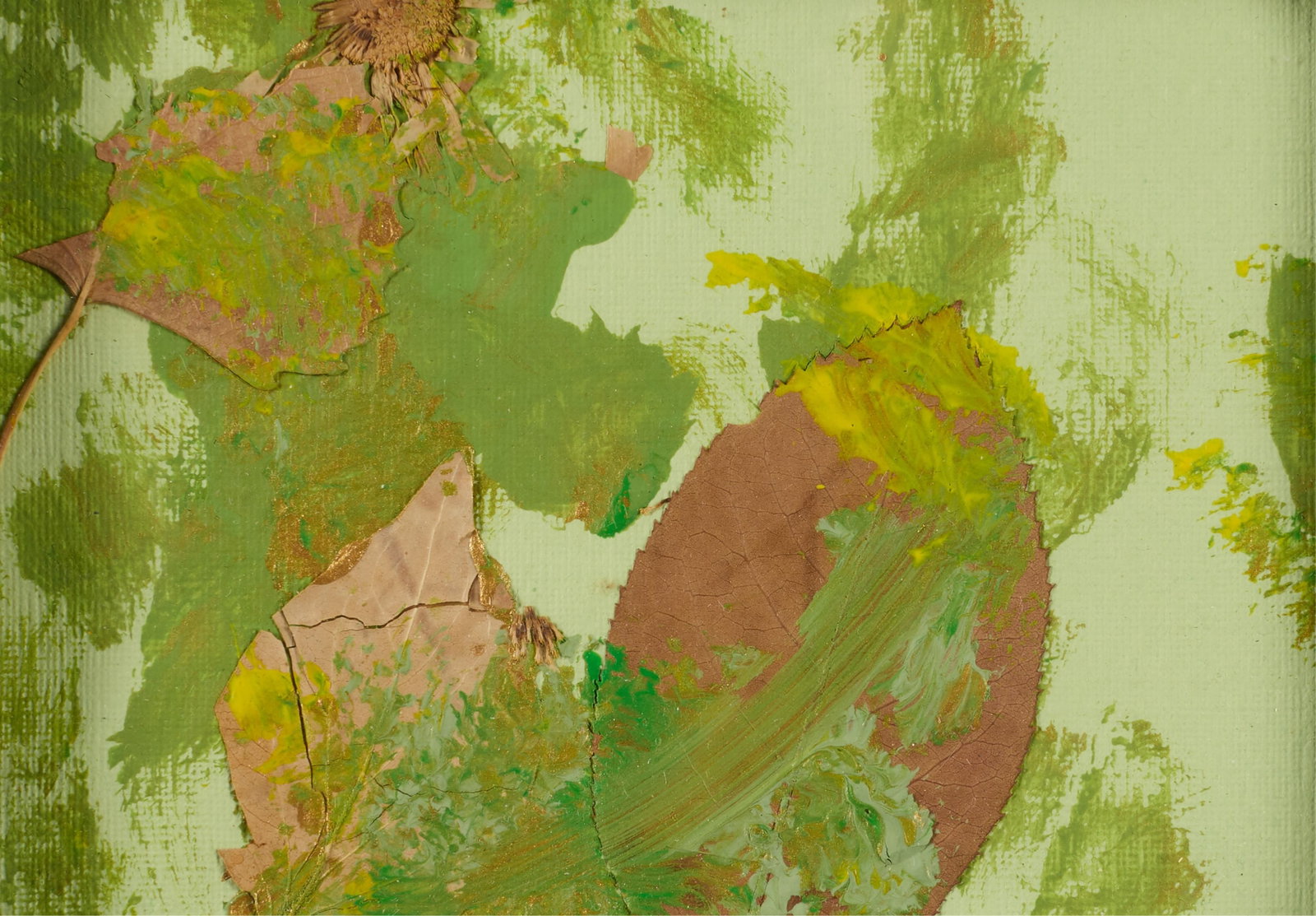 Mixed Media Foliate Painted Collage w/ Leaves: Mixed media collage depicting foliate motifs. Executed in vibrant green, yellow, and gilt paint, with pasted dried leaves and flowers. Framed in a green marble frame Height: 7 in x width: 19 1/4 in x 