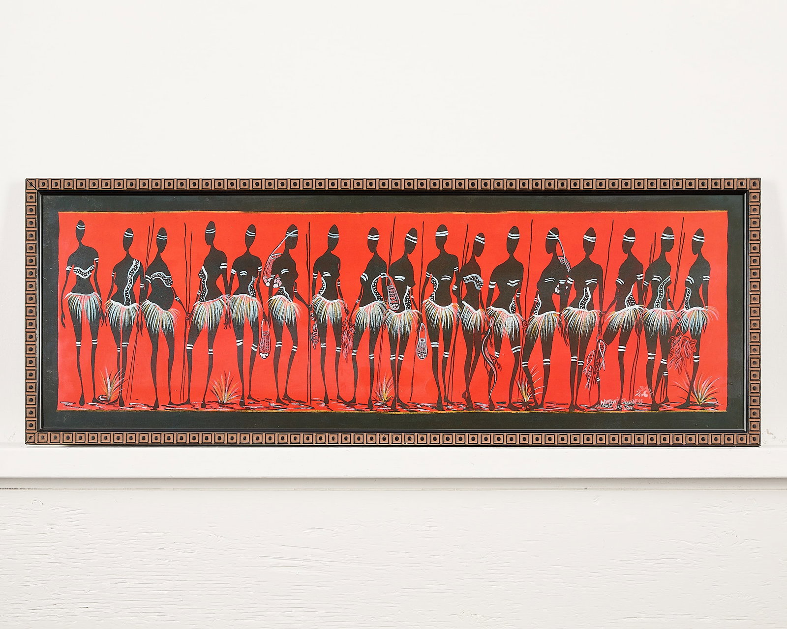 Karen Gibson "Women's Business" Print: Print depicting Karen Gibson's painting titled "Women's Business." Signed and titled along the lower right. Sight; height: 11 1/4 in x width: 35 1/2 in. Framed; height: 13 1/2 in x width: 37 in x dept