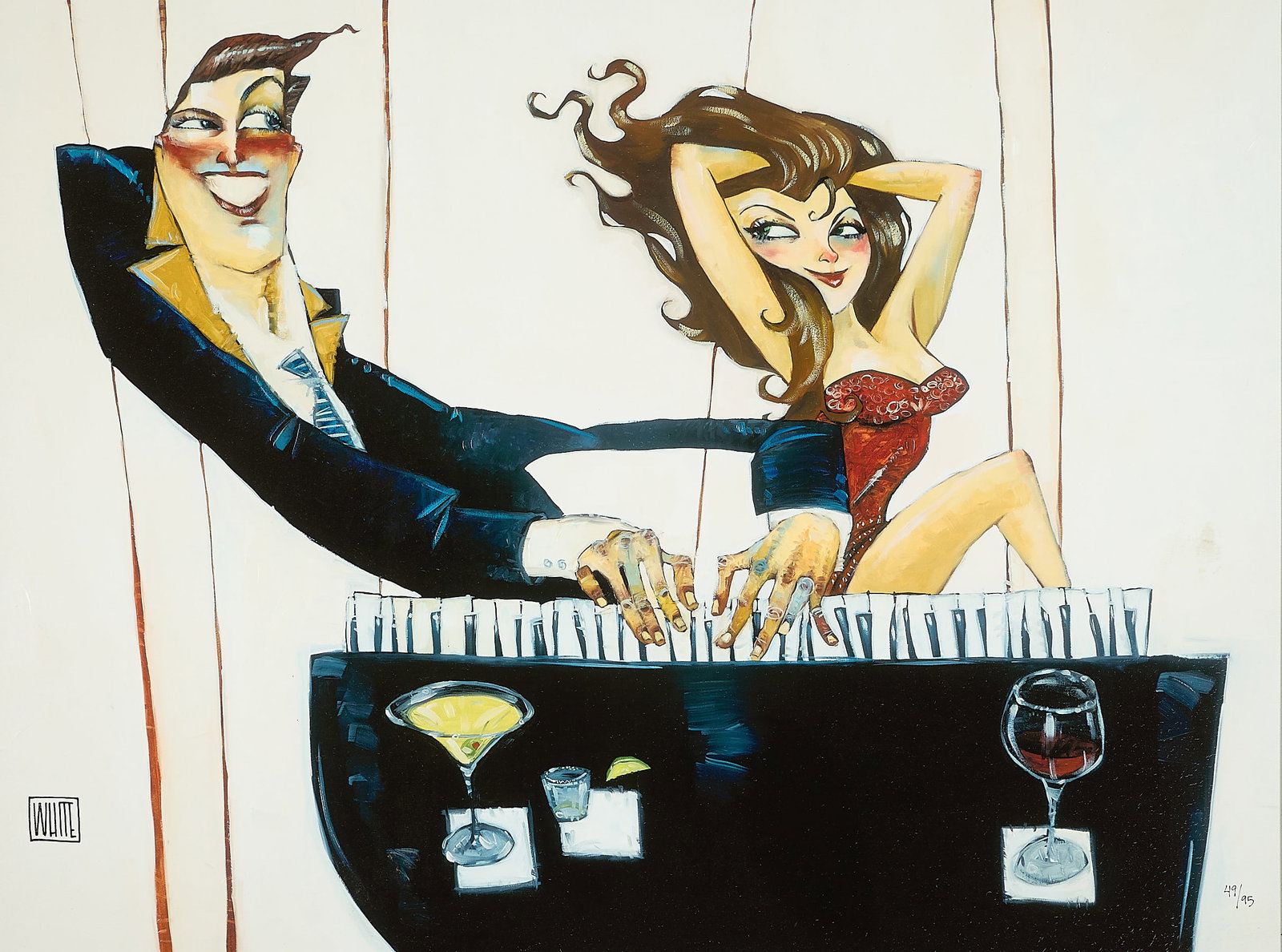 Todd White "He's Got Her Keys" Giclee: Hand-embellished giclee on canvas titled "He's Got Her Keys," 2009. Signed along the lower left; numbered 49/95 along the lower right. Height: 40 1/4 in x width: 50 in x depth: 2 in.