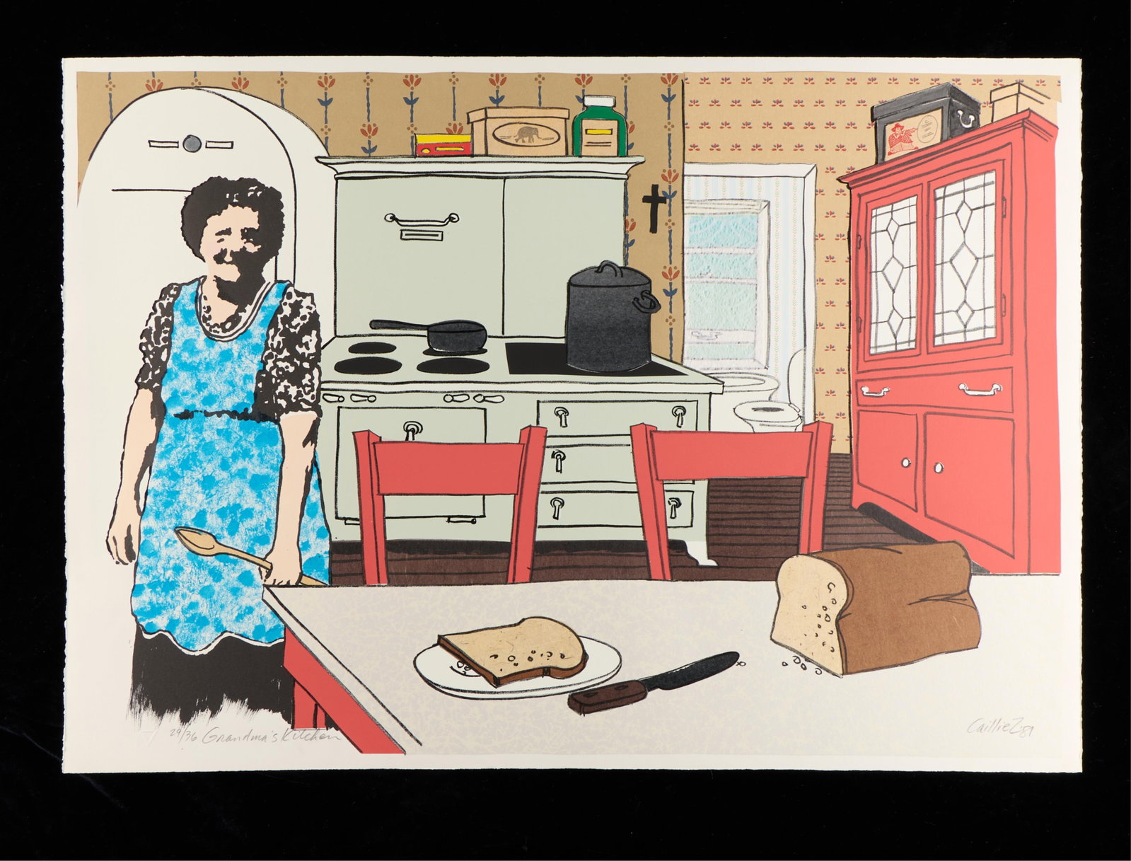 Don Caillez "Grandma's Kitchen" Print: Don Caillez (American, b. 1934). Print on paper titled "Grandma's Kitchen," 1981. Depicting an older woman wearing a blue patterned apron standing in a retro kitchen. The background features a large v
