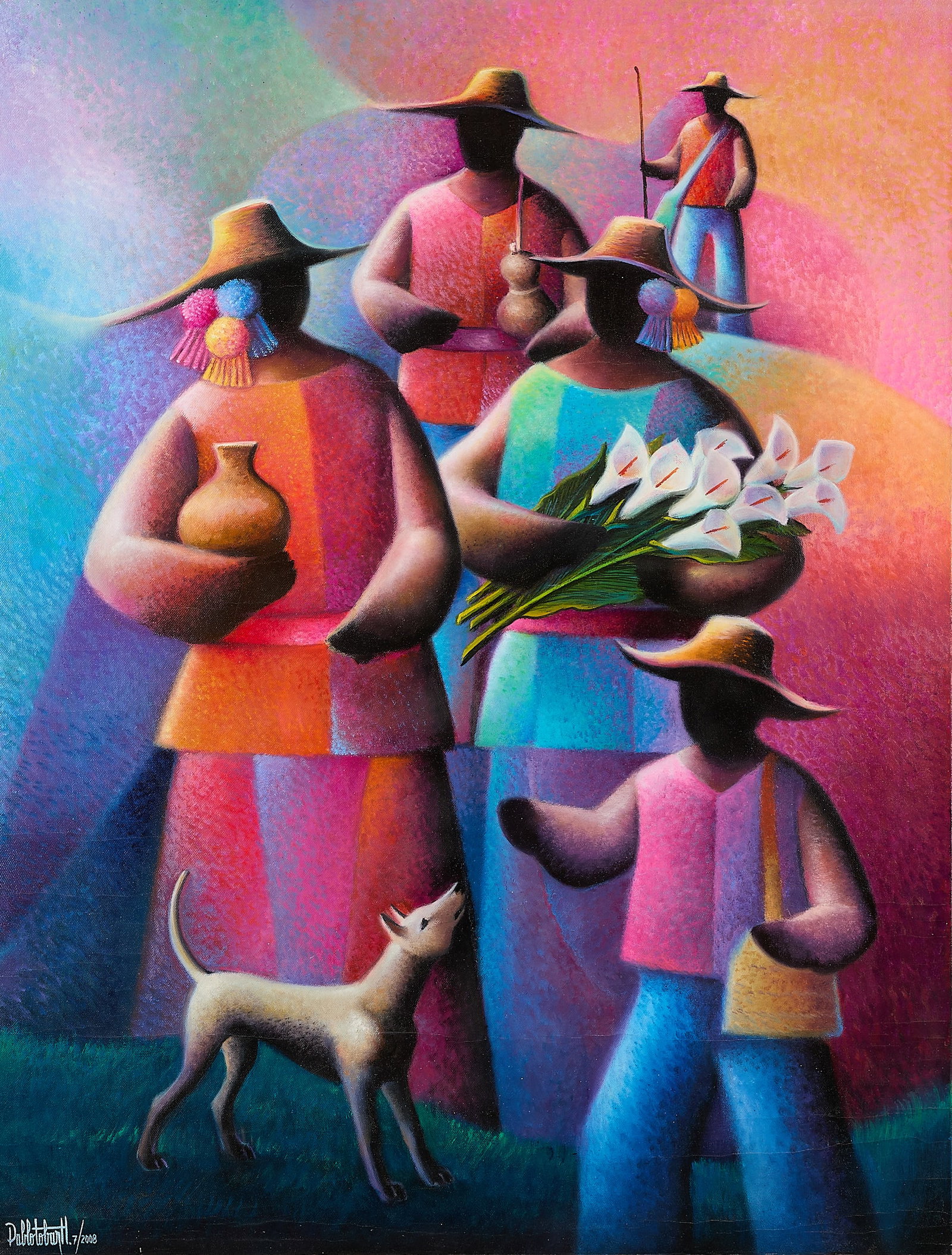 Pablo Tobar Figural Painting: Pablo Tobar (Guatemalan, 20th/21st c). Oil on canvas painting depicting figures portrayed in a rainbow of colors, 2008. Signed and dated along the lower left. Height: 52 in x width: 40 in x depth: 2