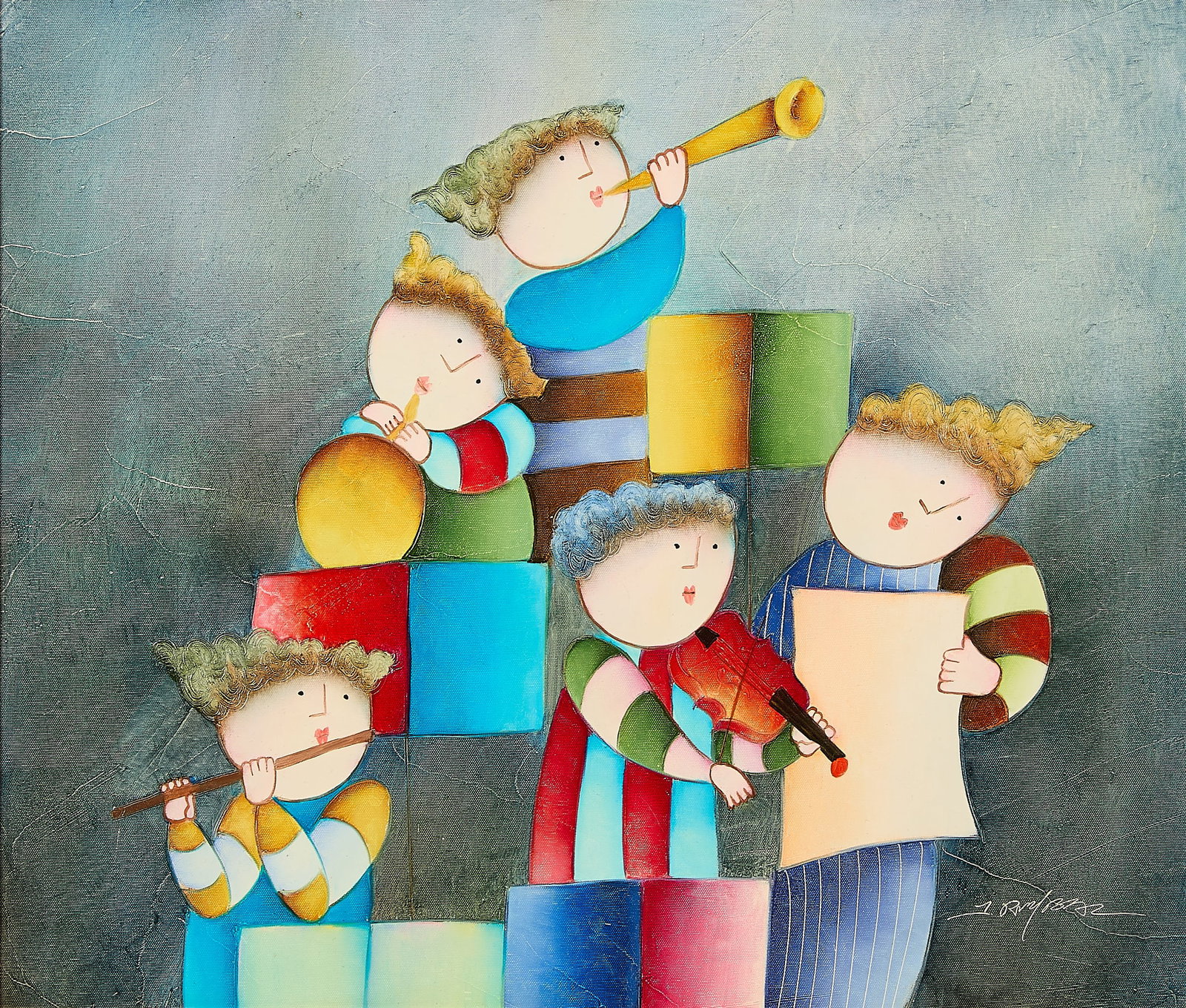 Joyce Roybal "Children Musicians" O/C Painting: Joyce Roybal (American, b. 1955). Oil on canvas painting depicting five children playing instruments and singing. Signed along the lower right. Height: 22 1/2 in x width: 26 1/4 in x depth: 1 in.