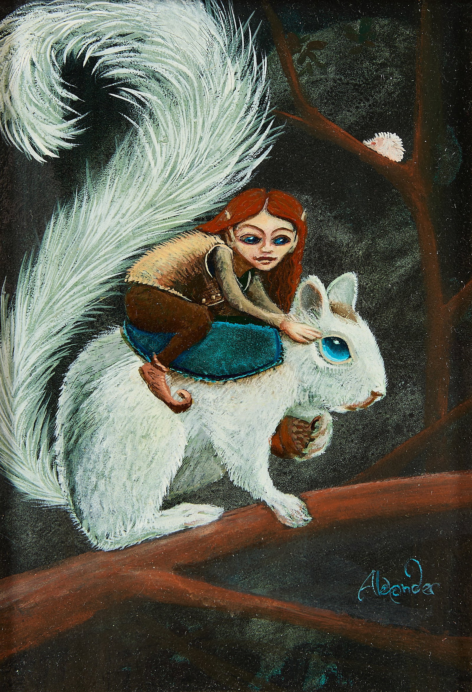 Signed "Squirrel Girl" Oil on Board Painting: Oil on board painting depicting a miniature red-headed girl seated atop a white squirrel. Signed along the lower right; possibly reading "Alexander" or "Aldanda." Similar in style to works produced