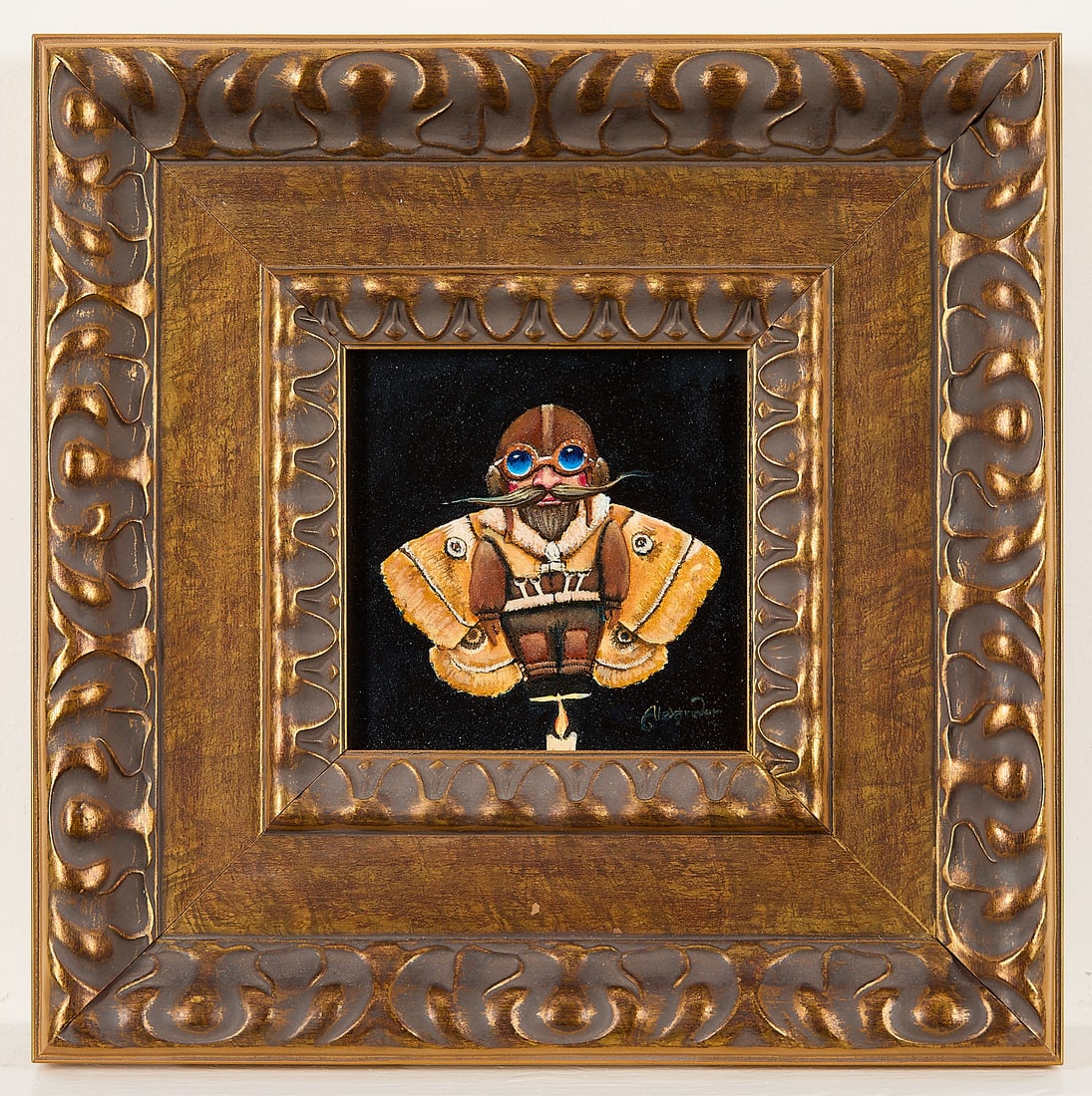 Signed Alexander "Mothman" O/B Painting: Oil on board painting depicting an anthropomorphic mothman with a mustache, aviator hat, and goggles. Signed "Alexander" along the lower right. Similar in style to works produced by Alexander Jansson 