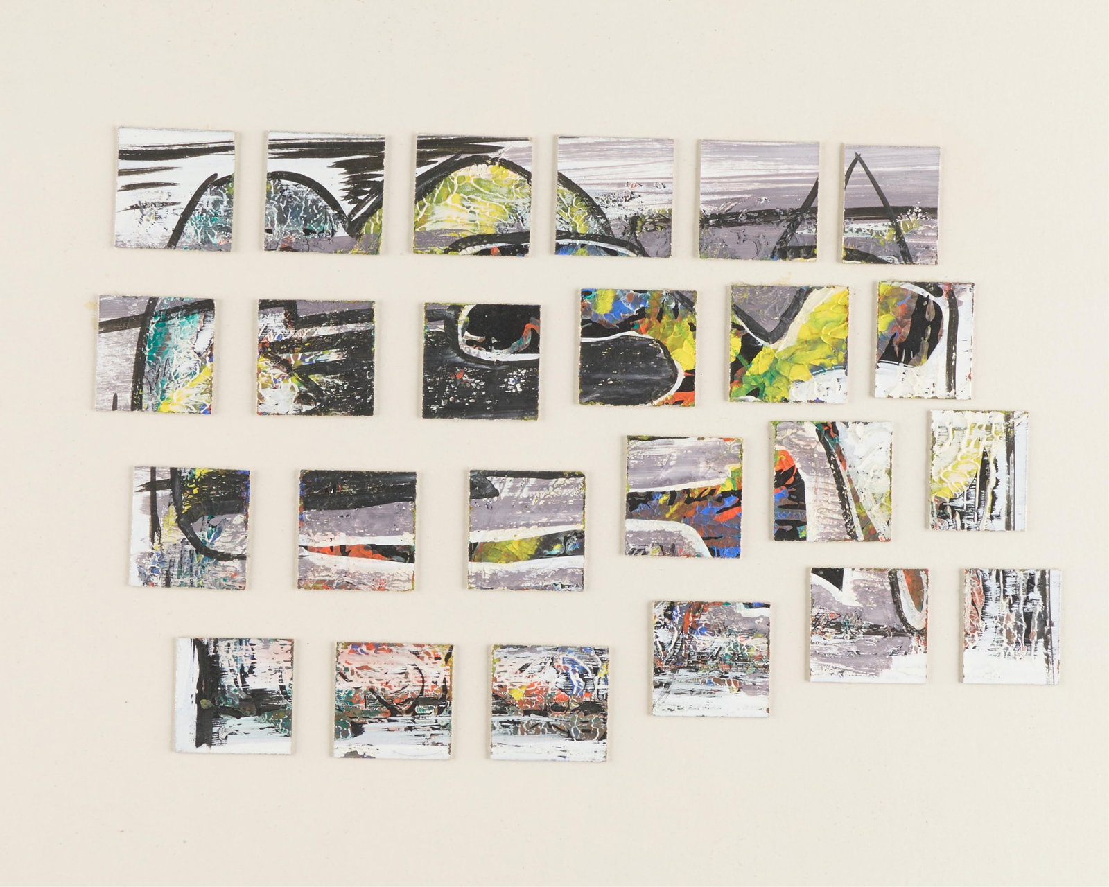 Mixed Media Abstract Painting: Mixed media abstract painting depicting squares detached and attached to a board. Height: 19 3/4 in x width: 14 3/4 in.