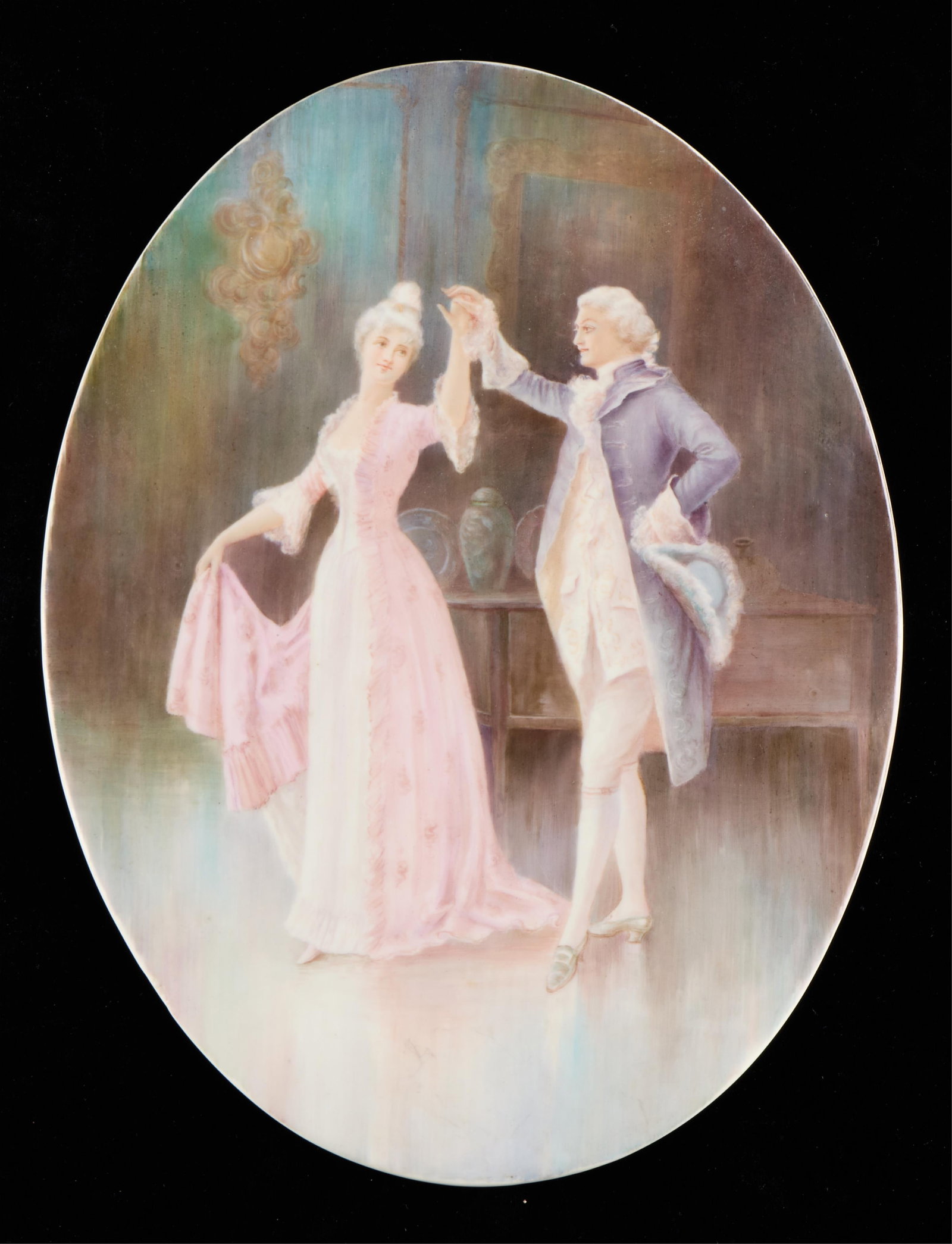 W.G. & Co. French Porcelain Painted Plaque: Porcelain painted plaque of oval form depicting an elegantly dressed couple. Ink stamped "W.G. Co. France" and incised 38 along the verso. Height: 15 in x width: 11 1/2 in x depth: 1/4 in.