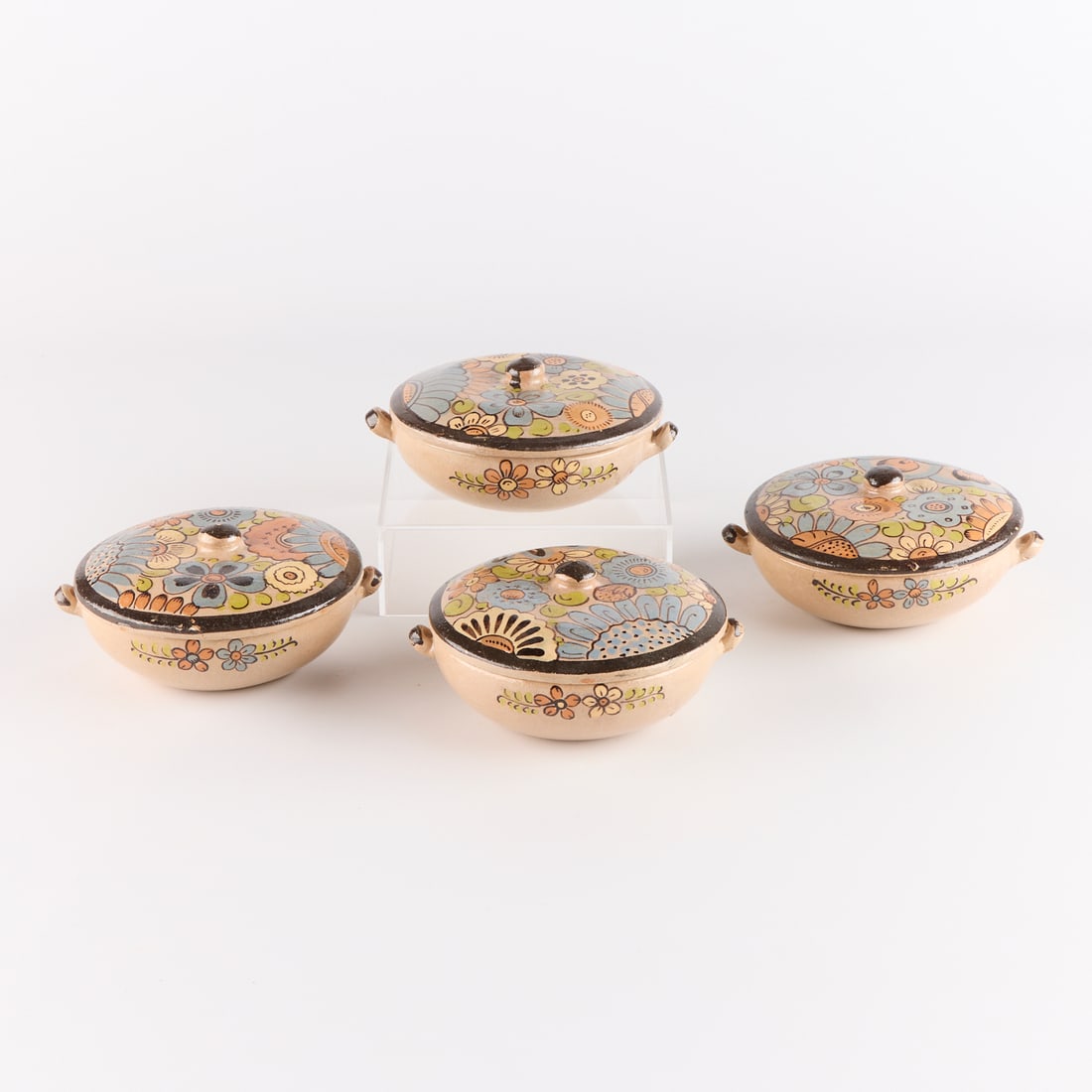 Set of 4 Mexican Pottery Lidded Floral Crocks (1 of 4)