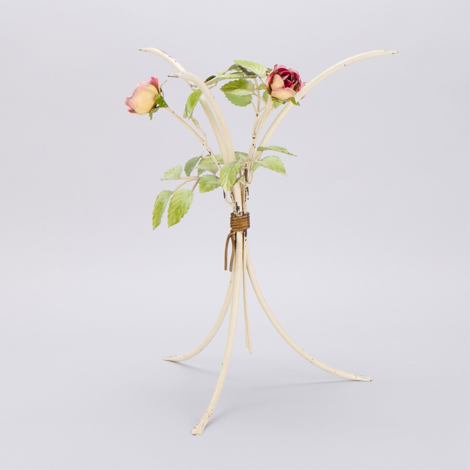 Vintage Tole Floral Side Table Base: Vintage tole floral side table base featuring a painted metal base with stylized delicate white branches with green leaves and pink rosebuds. Would pair well with a glass top. Height: 17 in x