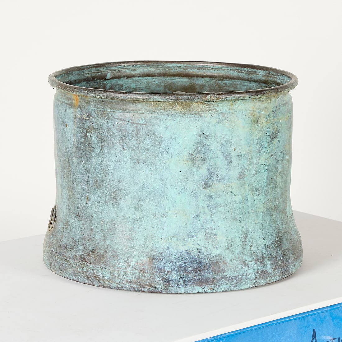 Vintage Patinated Metal Hose Pot: Vintage patinated metal hose pot of cylindrical form. Height: 14 1/4 in x diameter: 18 1/2 in.
