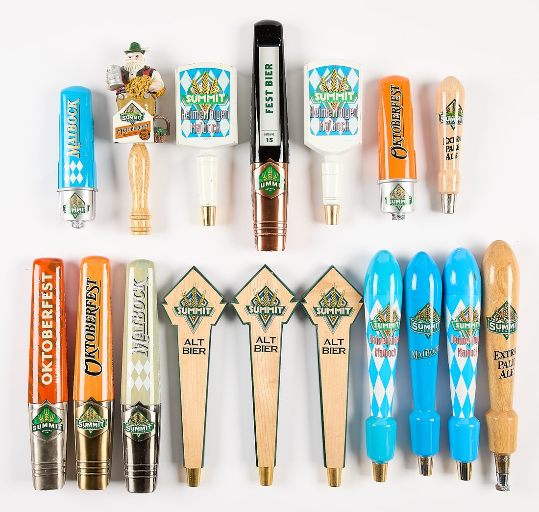 17 Summit Brewing Co. MN Beer Taps: Group of 17 Summit Brewing Co. (St. Paul, Minnesota) beer taps. Including: Oktoberfest, Heimertingen Maibock, Alt Bier, and Extra Pale Ale (Shipping dimensions) Height: 7 in x width: 14 in x depth: