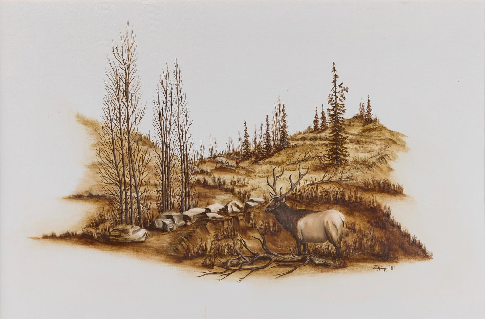 Landscape w/ Elk Print on Canvas - Signed Zack: Print on canvas depicting an elk in a forested landscape. Signed "Zack" and dated 1981 along the lower right. Height: 27 in x width: 37 in x depth: 1 in.