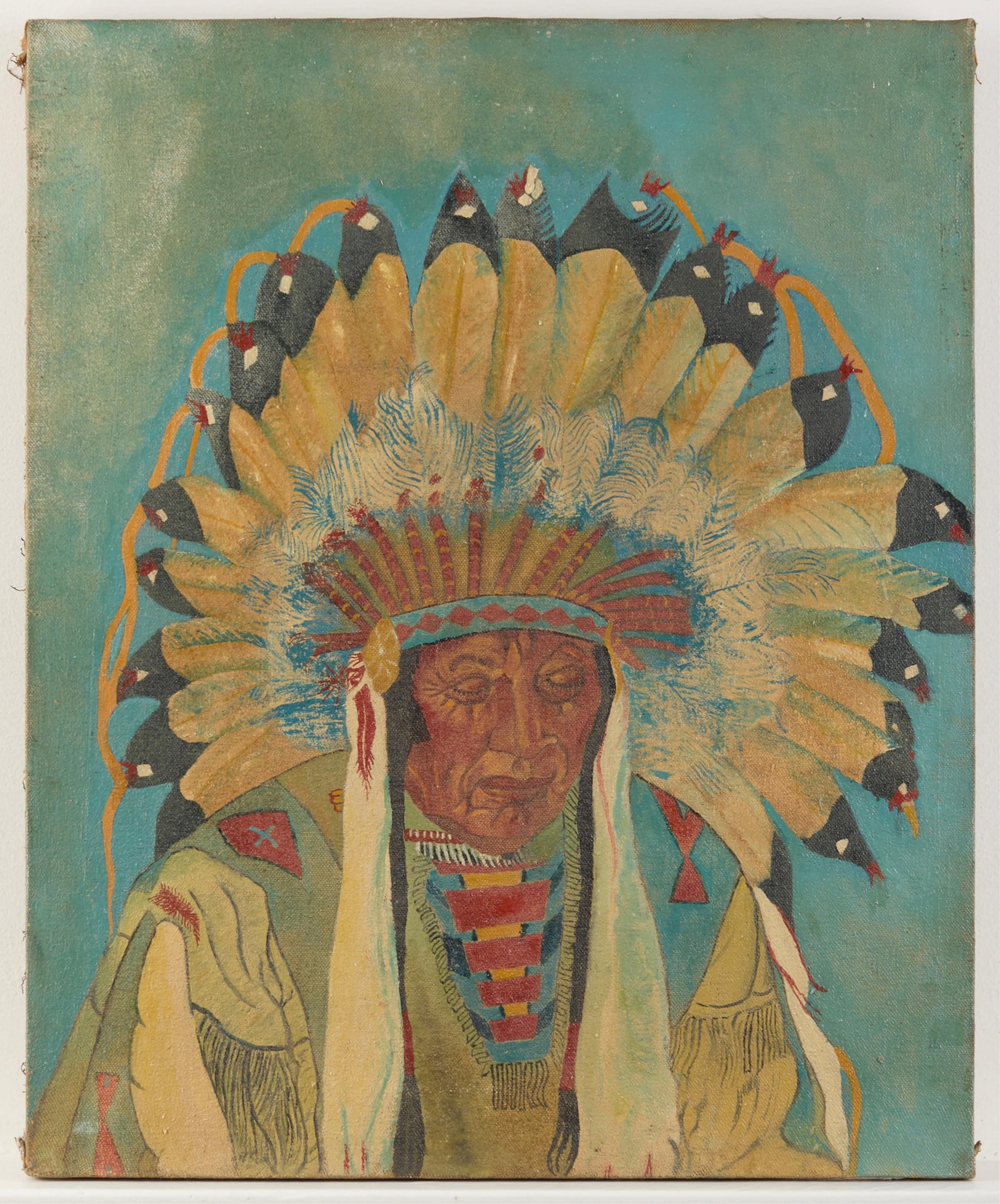 Folk Art Native American Chief Oil Painting: Oil on canvas painting depicting a Native American Chief, dressed in traditional garments. Height: 20 1/4 in x width: 16 1/2 in x depth: 3/4 in.
