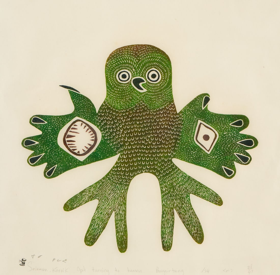 Solomon Karpik "Opik Turning to Human" Stonecut: Solomon Karpik (Inuit (Pannirtuq - Pangnirtung), b. 1947). Stonecut print on paper titled "Opik Turning to Human," 1974. Pencil signed, titled, and dated along the lower margin. Editioned 28/47 along 
