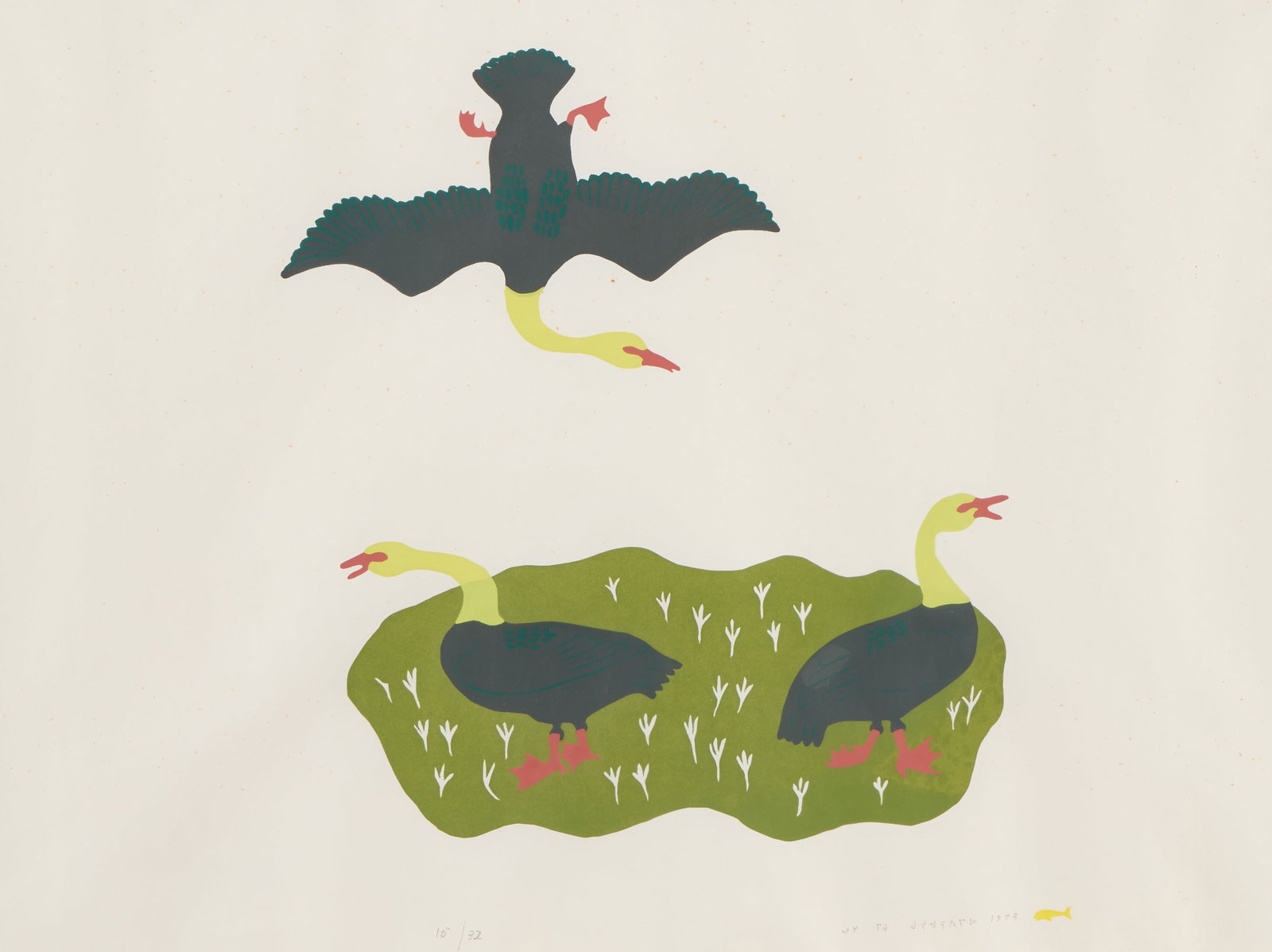 Attr. Thomasee Echalook "Geese" Stonecut 1973: Attributed to Thomasee Echalook (Inuit (Port Harrison - Inukjuak), 1935-2011). Stonecut print on paper depicting three geese in a landscape, 1973. Pencil dated, inscribed with syllabics, and