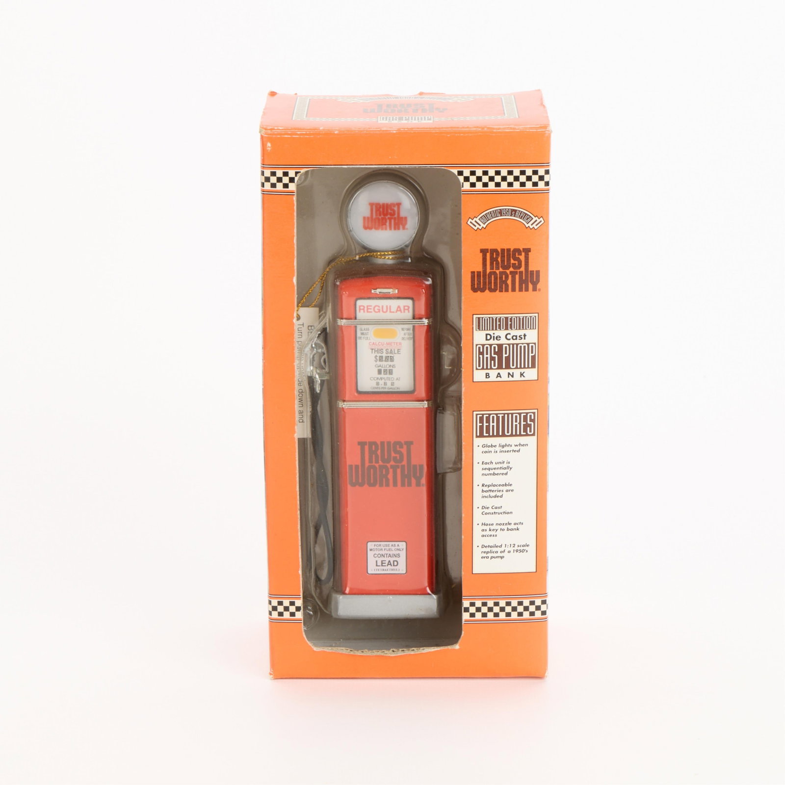 Vintage Trustworthy Diecast Gas Pump Piggy Bank: Vintage limited edition Trustworthy diecast petite piggy bank in the form of a gas pump. In original box. (Box) Height: 8 1/4 in x width: 4 in x depth: 3 in.
