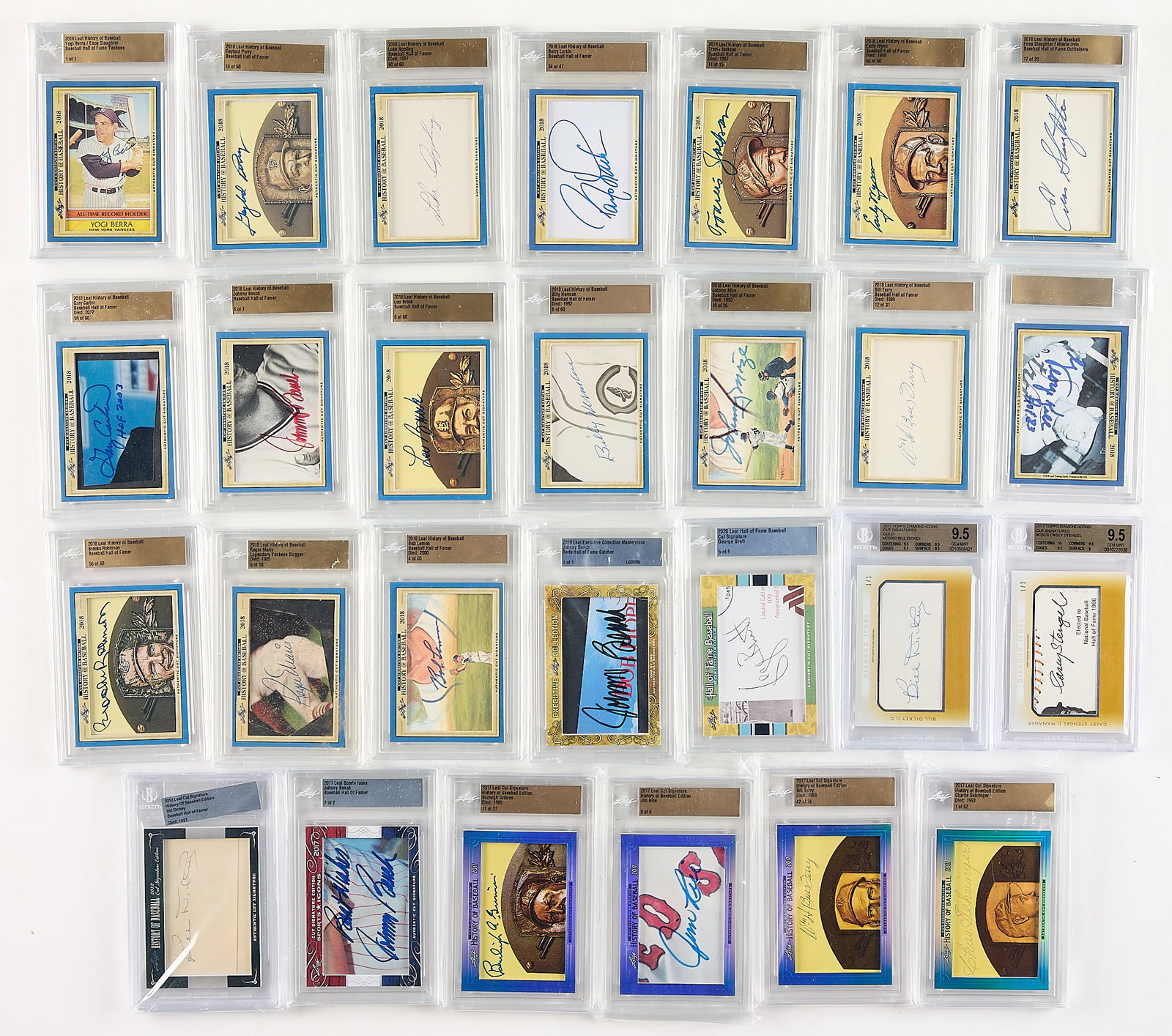 27 Leaf Signature Cut Baseball Cards 2012-20: Group of twenty-seven 2012-2020 Leaf Signature Cut autograph baseball cards. Including: 2012: History of Baseball Bill Dickey. 2017: Sports Icons: Johnny Bench 2/2. Diamond Icons: #CSCS Casey Stengel