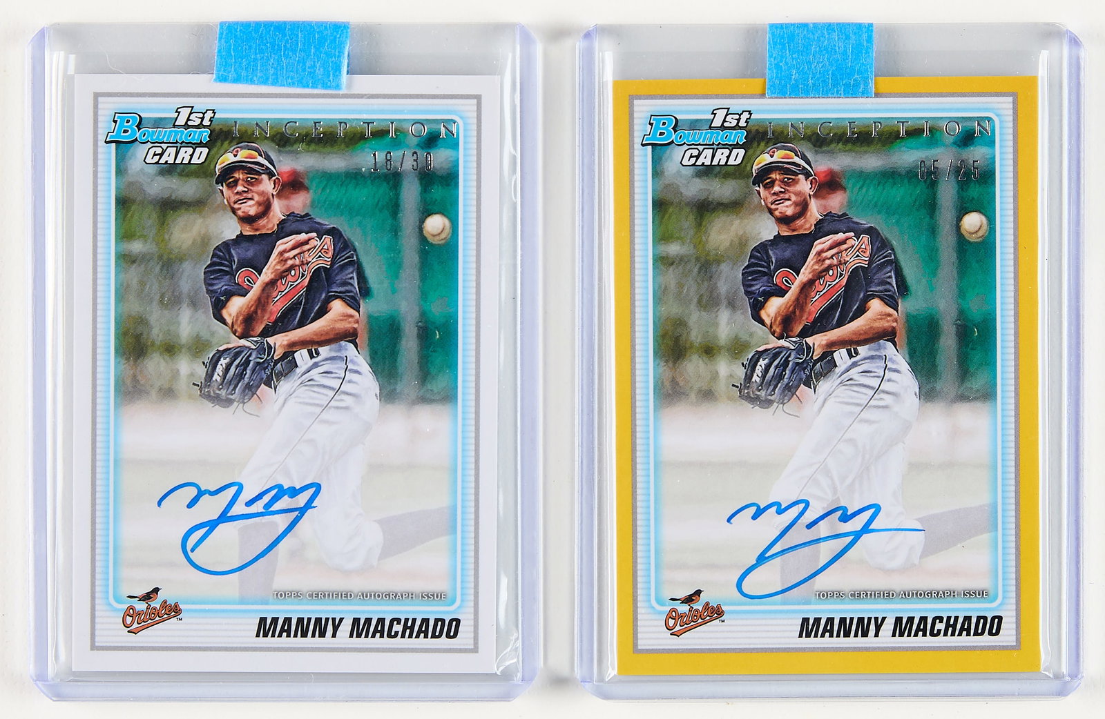 2 2016 Topps Bowman Inception Machado Auto: Group of two 2016 Bowman First Inception #IBVA-MM Manny Machado autograph cards. One with a yellow border, 5/25; one with a white border, 18/30. (Cases, each) height: 4 in x width: 3 in.