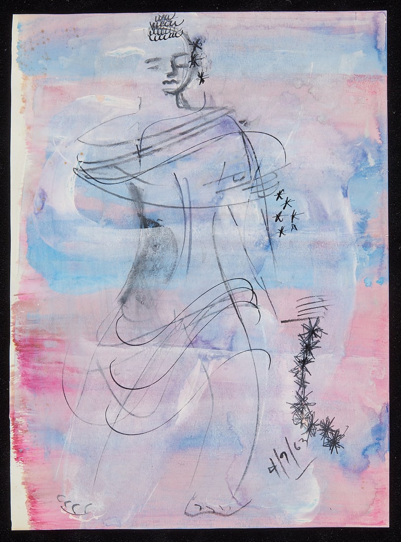 Irene Pereira Abstract Figural Drawing 1963: Irene Rice Pereira (American, 1902-1971). Mixed media drawing on paper depicting a figure on a colorful abstracted background with stars or sparks, 1963. Dated 4/9/63 along the lower right. From a ske