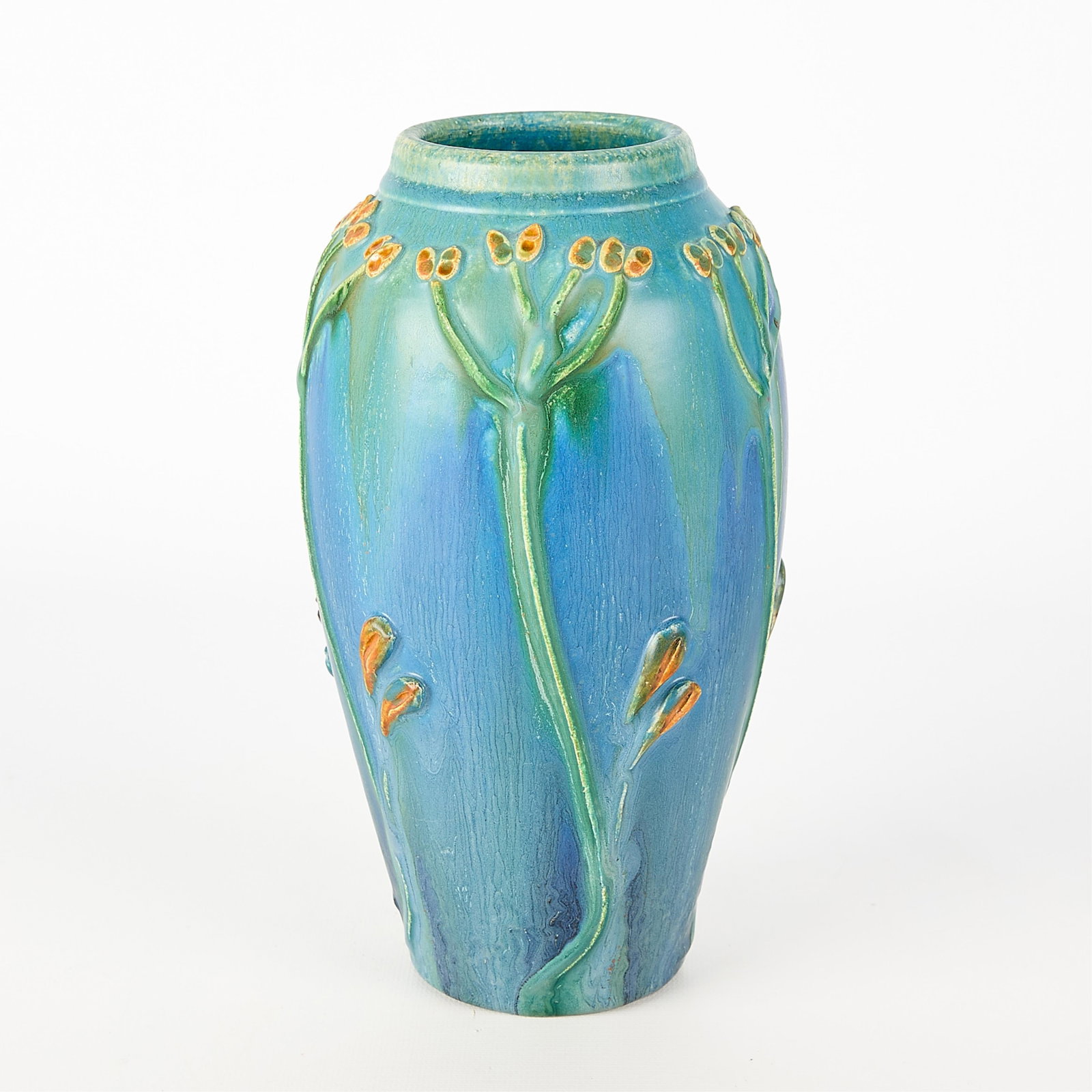 Jesse Wolf Art Pottery "Tranquil Lines" Vase 2009: Jesse Wolf (American, 20th/21st century). Art pottery "Tranquil Lines" ceramic vase of elongated, rounded form, 2009. Depicting raised, molded yellow flowers or seeds on Northern Blue glaze ground. In