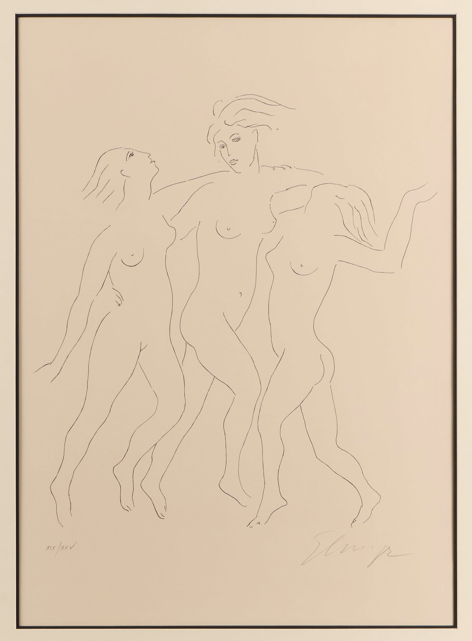 Elmyr de Hory After Picasso Three Dancers Lithograph: Elmyr de Hory (Hungarian, 1906-1976). Lithograph print on paper after Pablo Picasso's "Trois Danseuses (Three Dancers)," depicting three nude female figures. Pencil signed along the lower right and ed