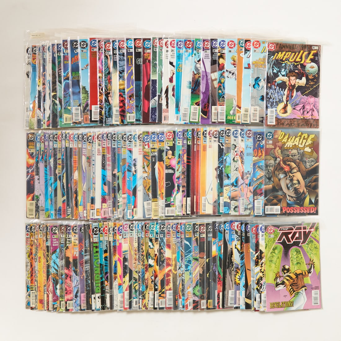 120 DC Copper/Modern Comic Book Runs & Mini-Series: DC Comics. Group of 120 Copper and Modern Era comics. Including: 32 issue run "Impulse" comics, issues no. 1-31 and one annual, 1995-1997. 21 issue complete run "Damage" comics, issues no. 0-20, 1994-