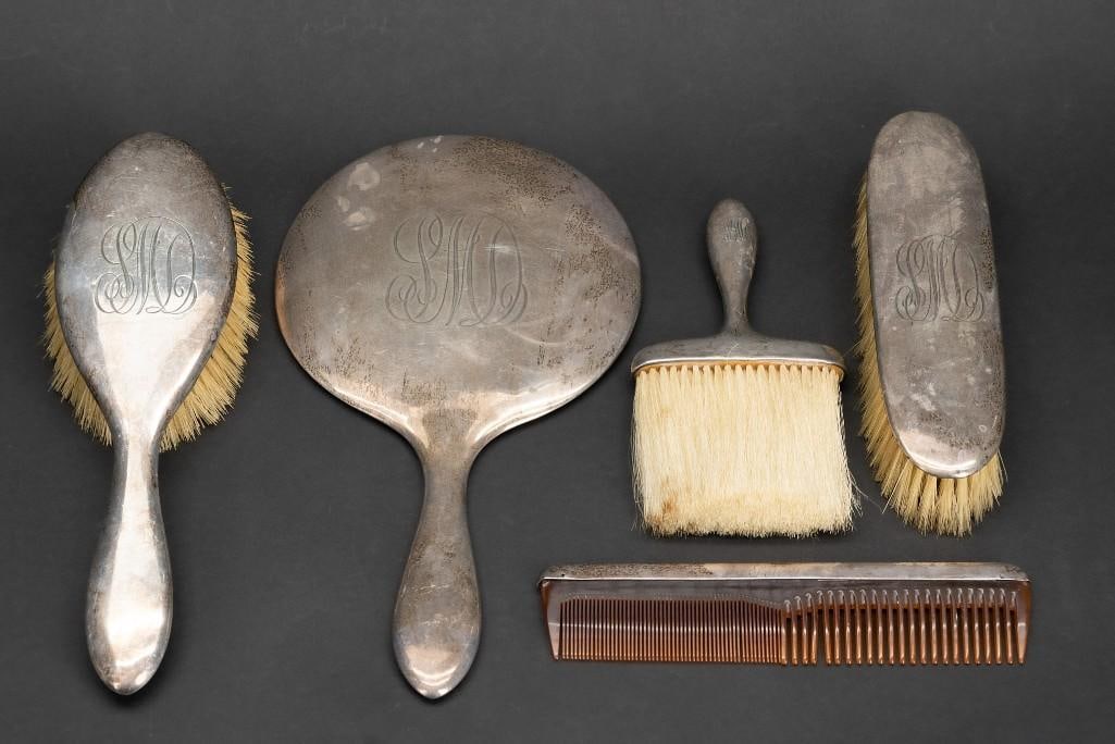 Sterling Silver Vanity Dresser Set Mirror Brushes Comb (1 of 7)