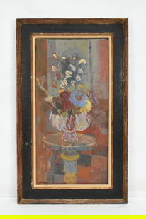 oil on canvas, Interior with Flowers: Eric Isenburger oil on canvas, Interior with Flowers, Signed, titled and dated verso. Signed lower left. 31" x 15 1/4". Framed, overall: 39" x 23 1/4".