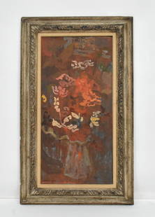 oil on canvas, still life, vase with flowers: Eric Isenburger oil on canvas, still life, vase with flowers. Signed lower left Isenburger. Sight: 27 1/2" x 13 1/2". Framed, overall: 35" x 21"
