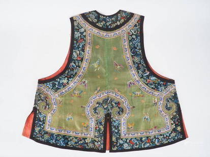 Embroidered silk and linen vest, green camaieu decoration of butterflies; polychrome flower bor: Embroidered silk and linen vest, green camaieu decoration of butterflies; polychrome flower borders, Ruyi head on the backChina Qing period