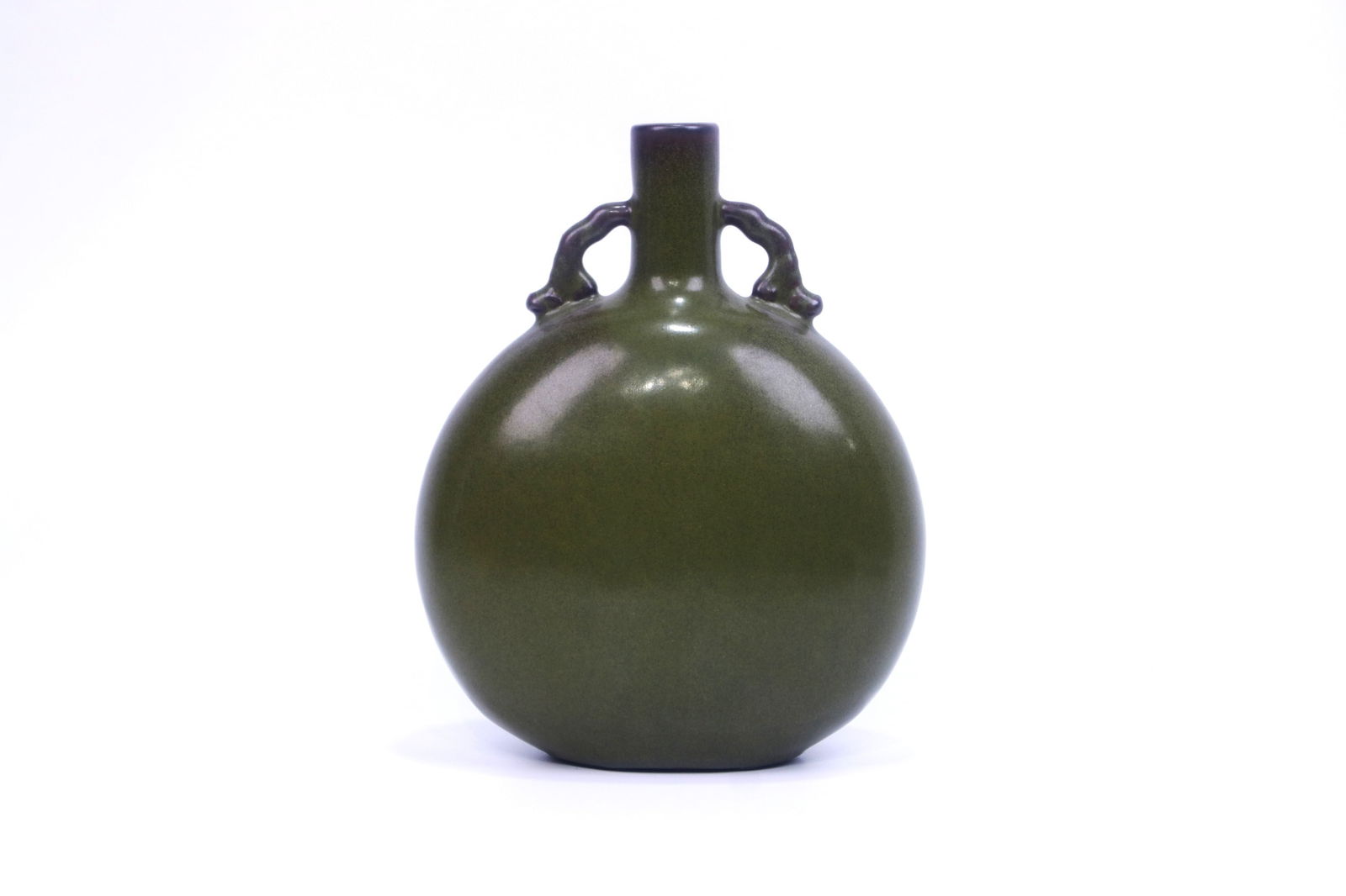 Chinese Tea Dust Glazed Porcelain Vase: Chinese Tea Dust Glazed Porcelain Vase, The moonflask is of wide globular- shaped and overall a light brown color tone. The neck of the flask is decorated with two mist handles. The base of the flask