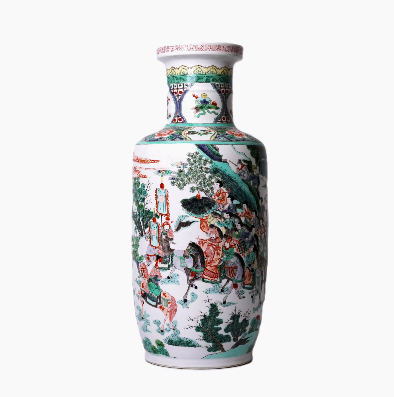 CHINESE FAMILLE VERTE PORCELAIN ROULEAU VASE  HAND-PAINTED SIGNED 19thC (1 of 2)