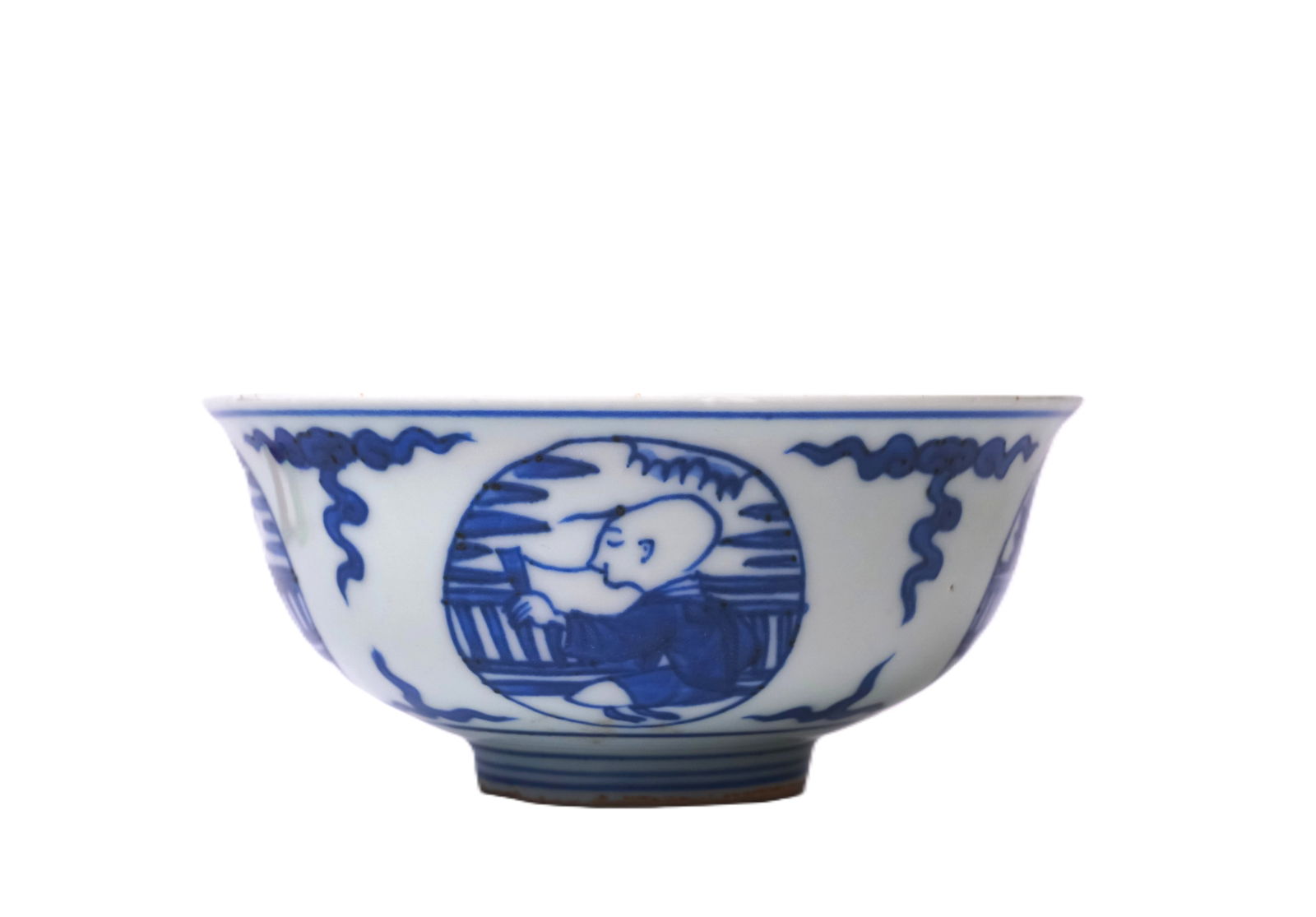 A Chinese bowl with a blue and white picture of a baby. (1 of 2)