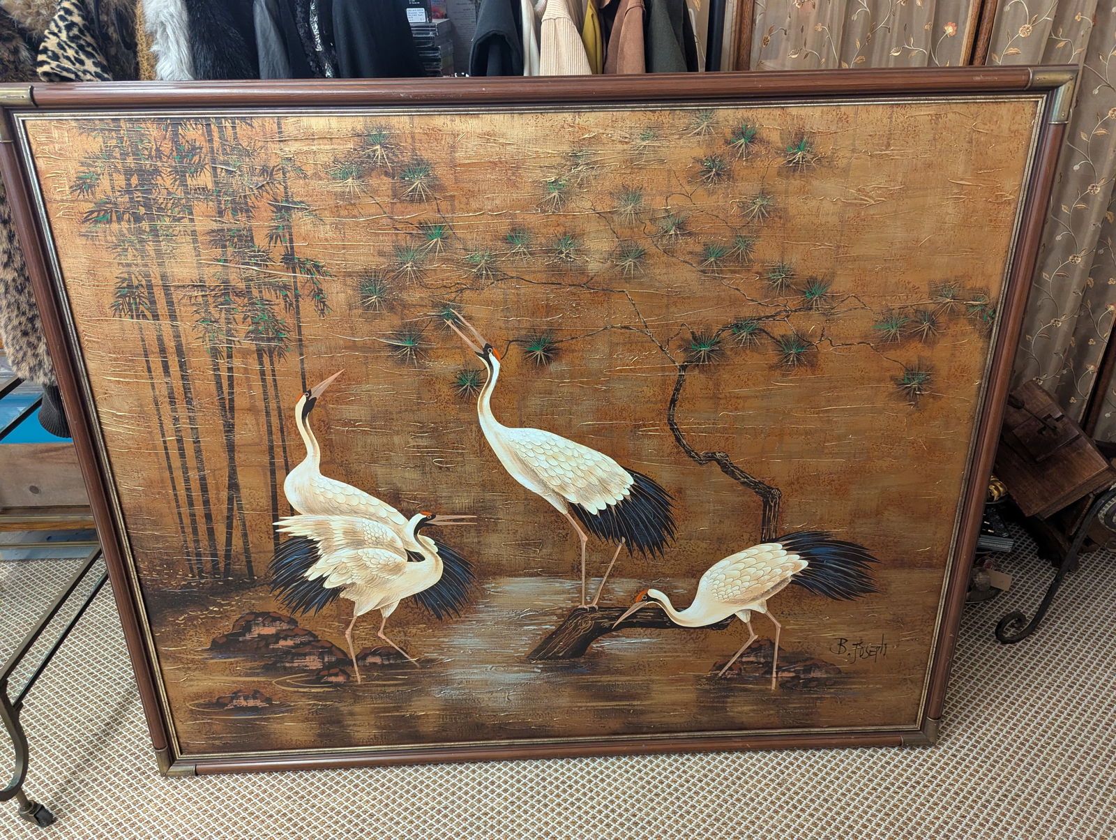 Large Asian Style Cranes In River Scene, Signed B. Joseph Oil On Canvas: JAPANESE CRANES IN MARSHES , SIGNED LOWER RIGHT, WITH 2" FRAME - 63" x 51 1/2"