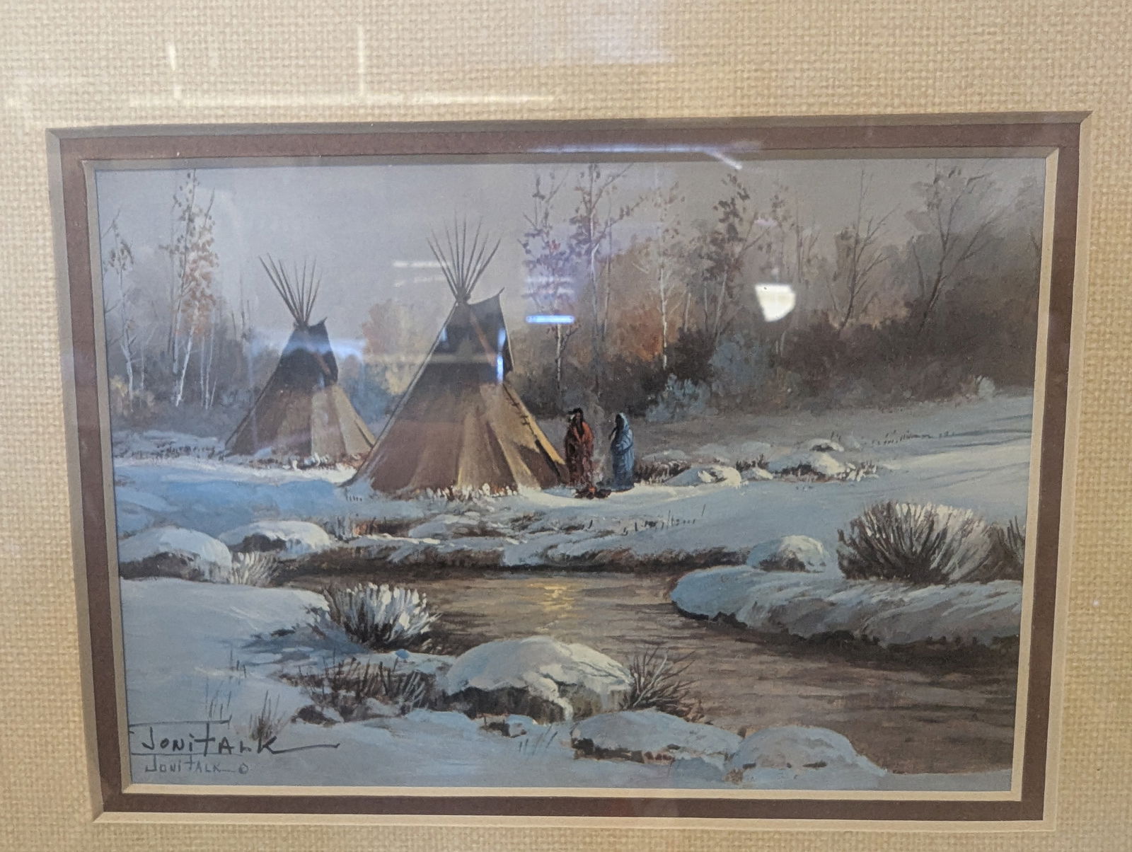 A signed oil painting of america indian: A signed oil painting of america indian, joni falk. 4.5" x 6.5"