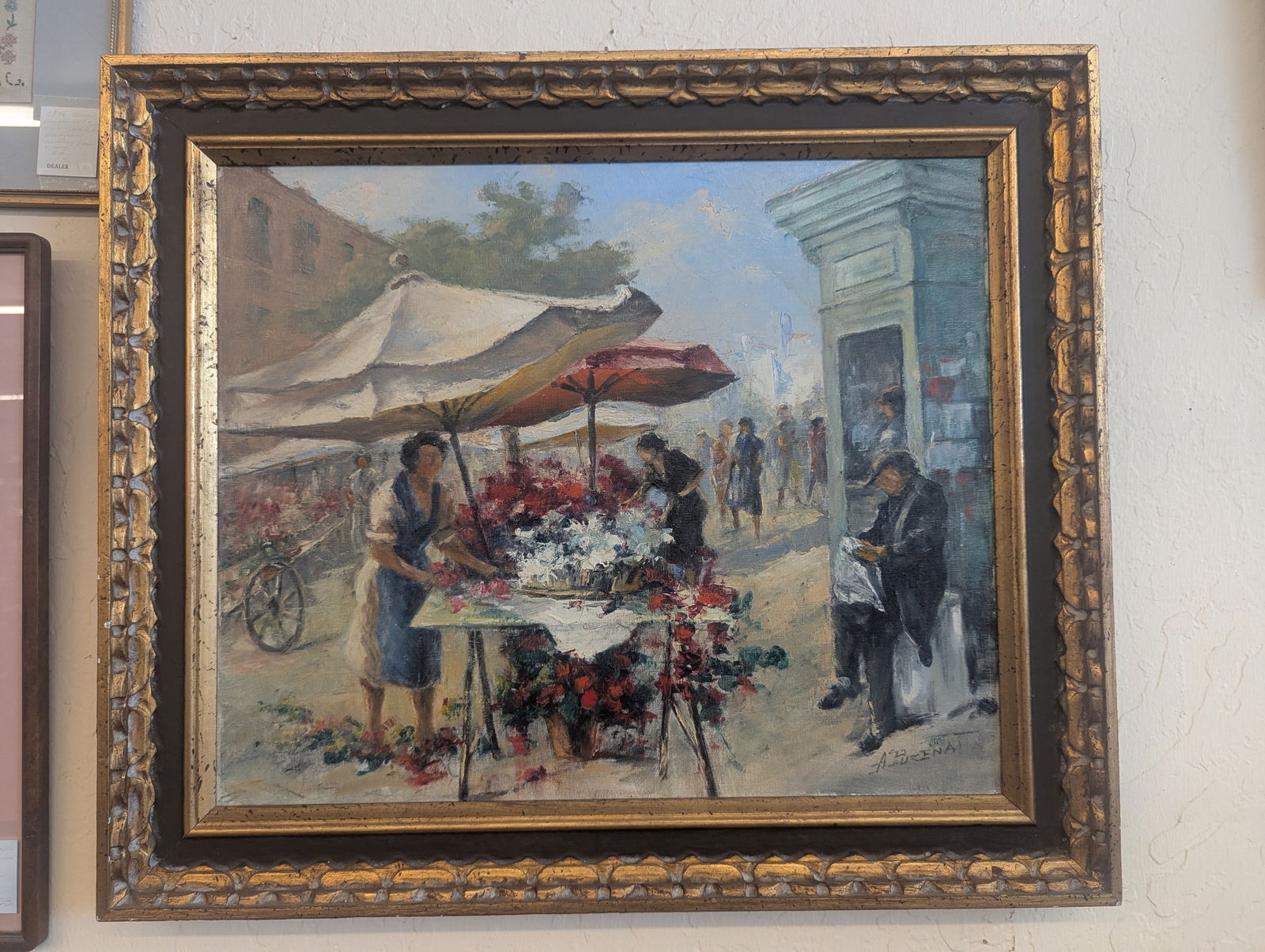 A signed oil painting of flower market with frame: This item is an antique oil painting on canvas by the artist Bruzac, depicting a European flower market scene. 26" x 26"