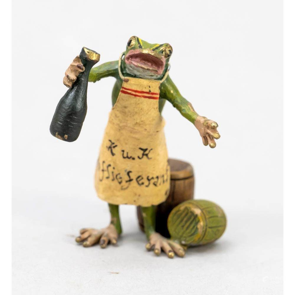 Viennese bronze, 20th century: Viennese bronze, 20th century, polychrome painted bronze in the shape of a frog as a purveyor to the court, stamped underneath, rubbed, h. 4,5 cmnotes:Sculptor