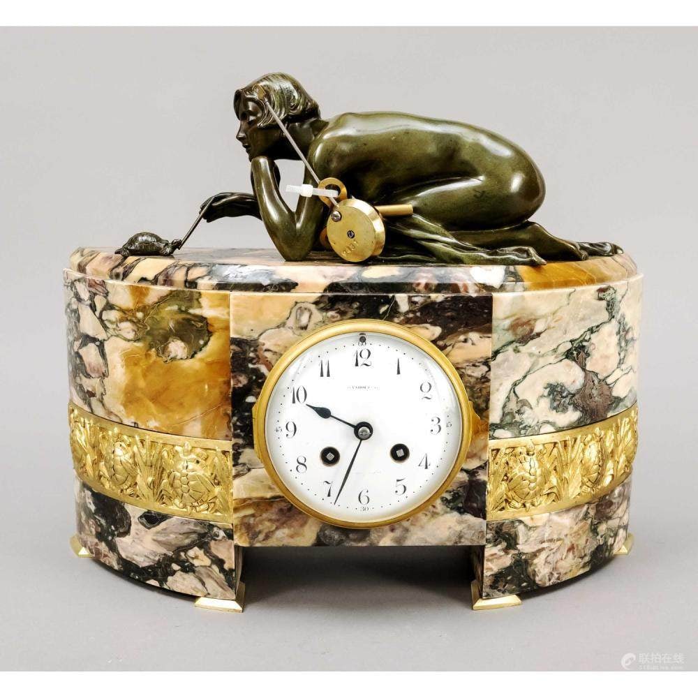 Art Nouveau figural pendulum: Art Nouveau figural pendulum, c. 1920, polychrome marble with turtle motifs, reclining woman playing with turtle of burnished white cast iron marked Charny, white enamel dial with black arab.