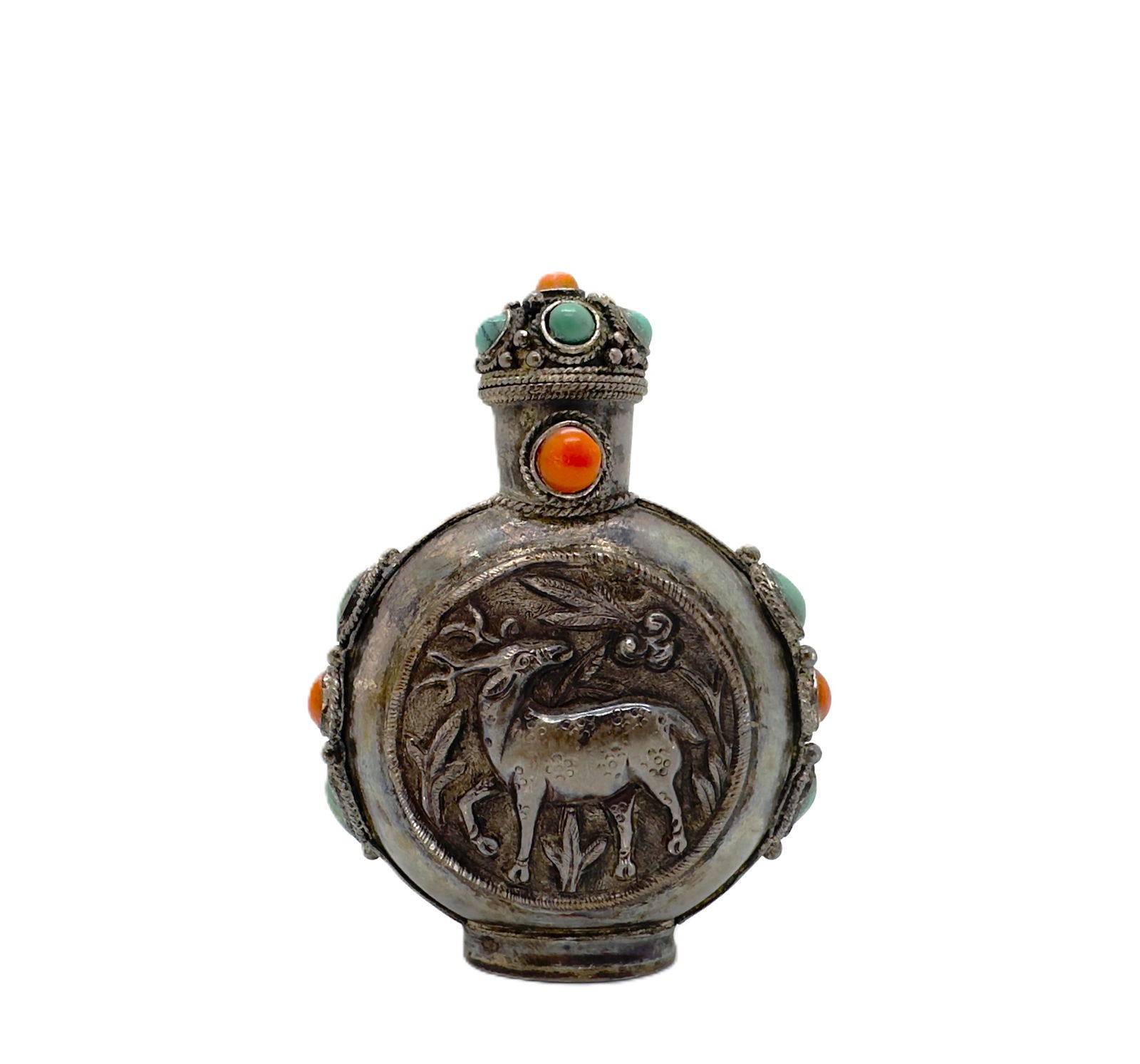 Silvered Metal Snuff Bottle with Gemstone Inlay,19th.C (1 of 2)