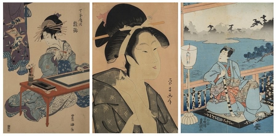 Three woodcuts style of Utagawa Kunisada and Kitagawa Utamaro Japan, 19th century (1 of 1)