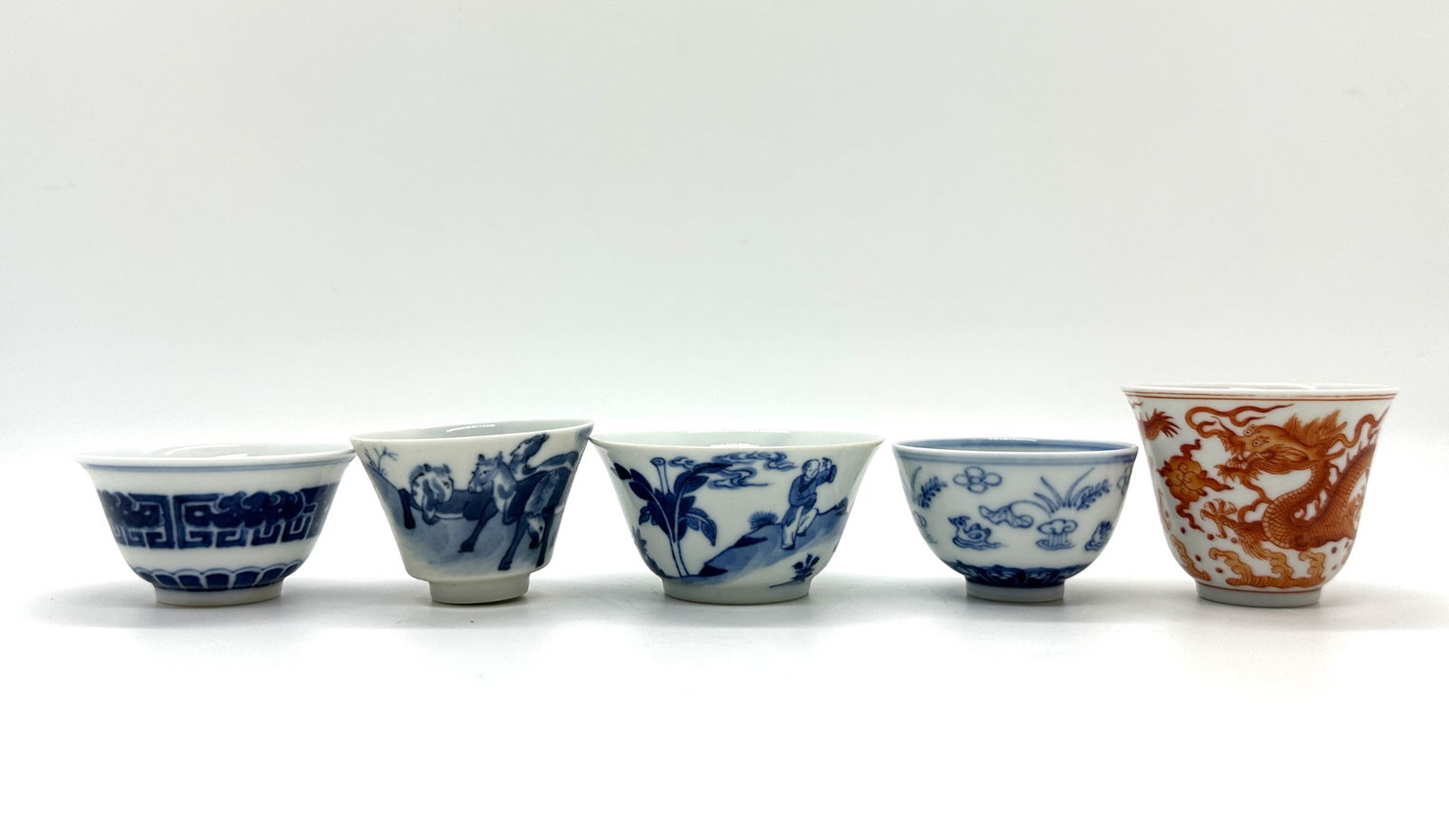 Five Qing-Dynasty Porcelain Teacups (Underglaze Blue & Overglaze Red),China,19th.C (1 of 2)