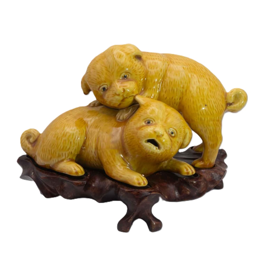 Vintage Chinese Export Porcelain Dogs With Wooden Stand,19th.C: Medium: PorcelainSize: 7x4.5x5.5 inchesAge/Detail: Vintage Chinese ExportCondition: great overall, check photo for condition reference. Wood stand missing 1 foot.Chinese export porcelain figural group